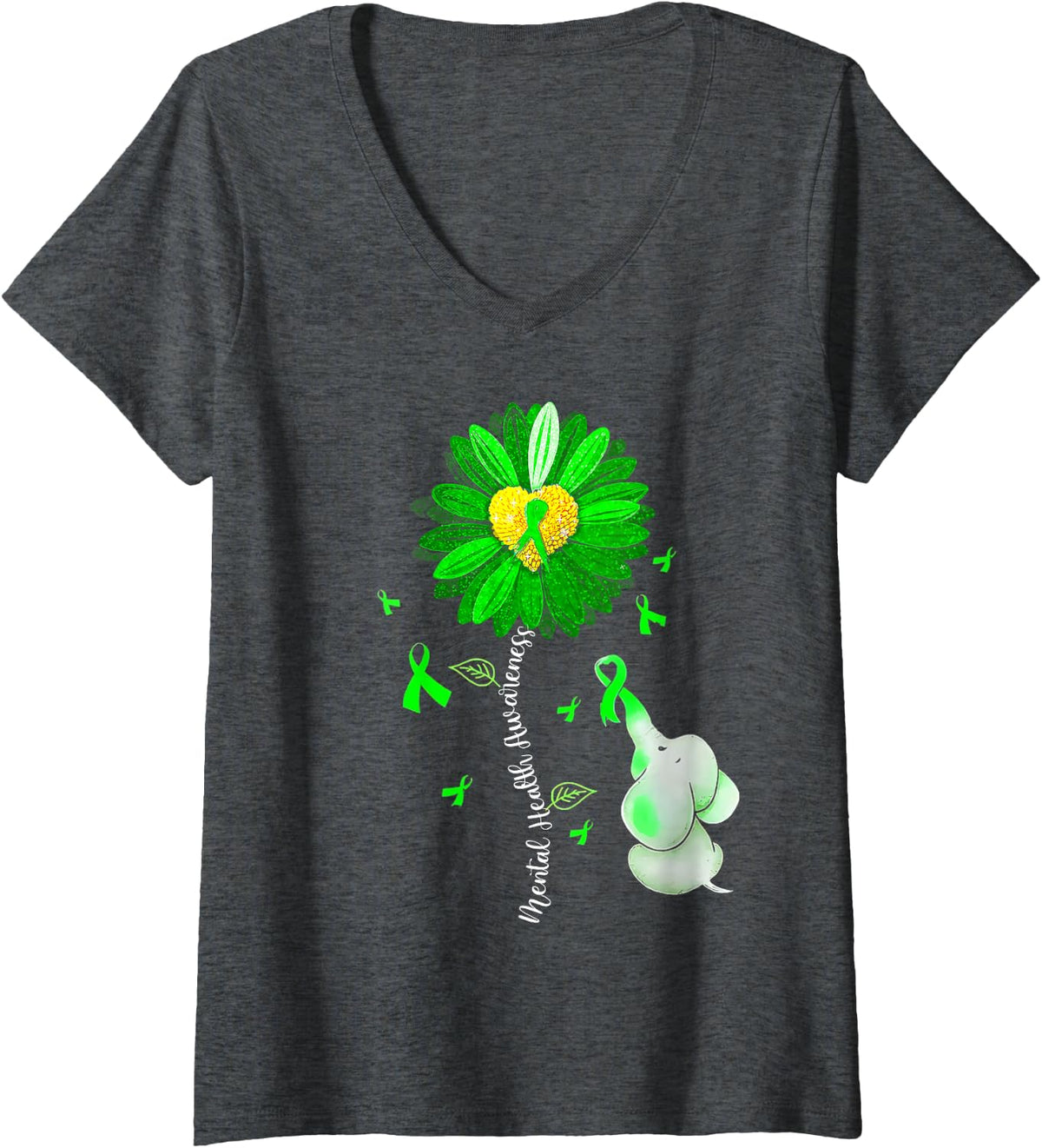 Womens Mental Health Awareness Cute Elephant Green Ribbon Sunflower V-Neck T-Shirt - Dark Heather Grey