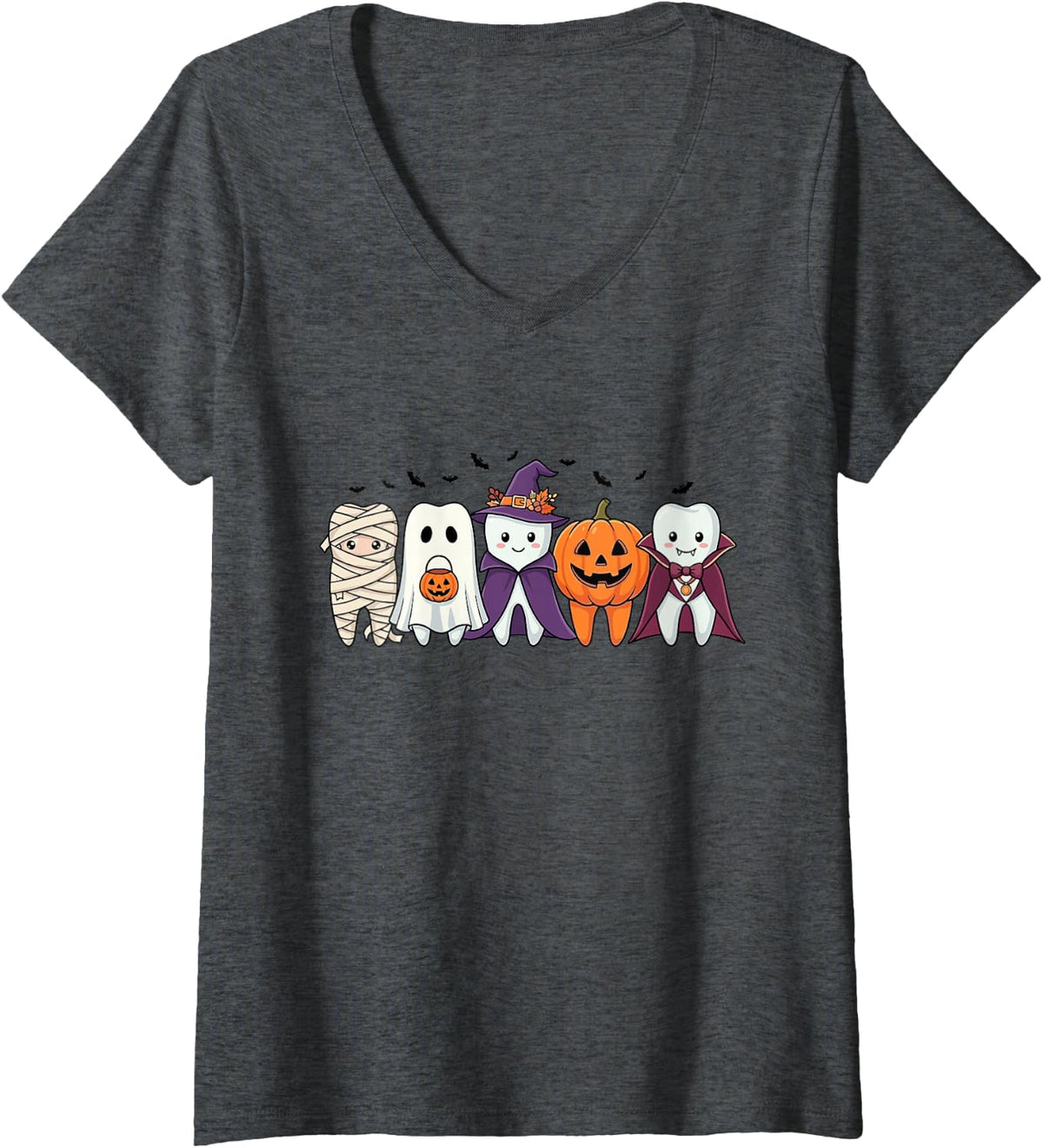 Women's Halloween Dental Dentist Teeth Ghost Mummy Witch Vampire V-Neck T-Shirt - Dark Heather Grey