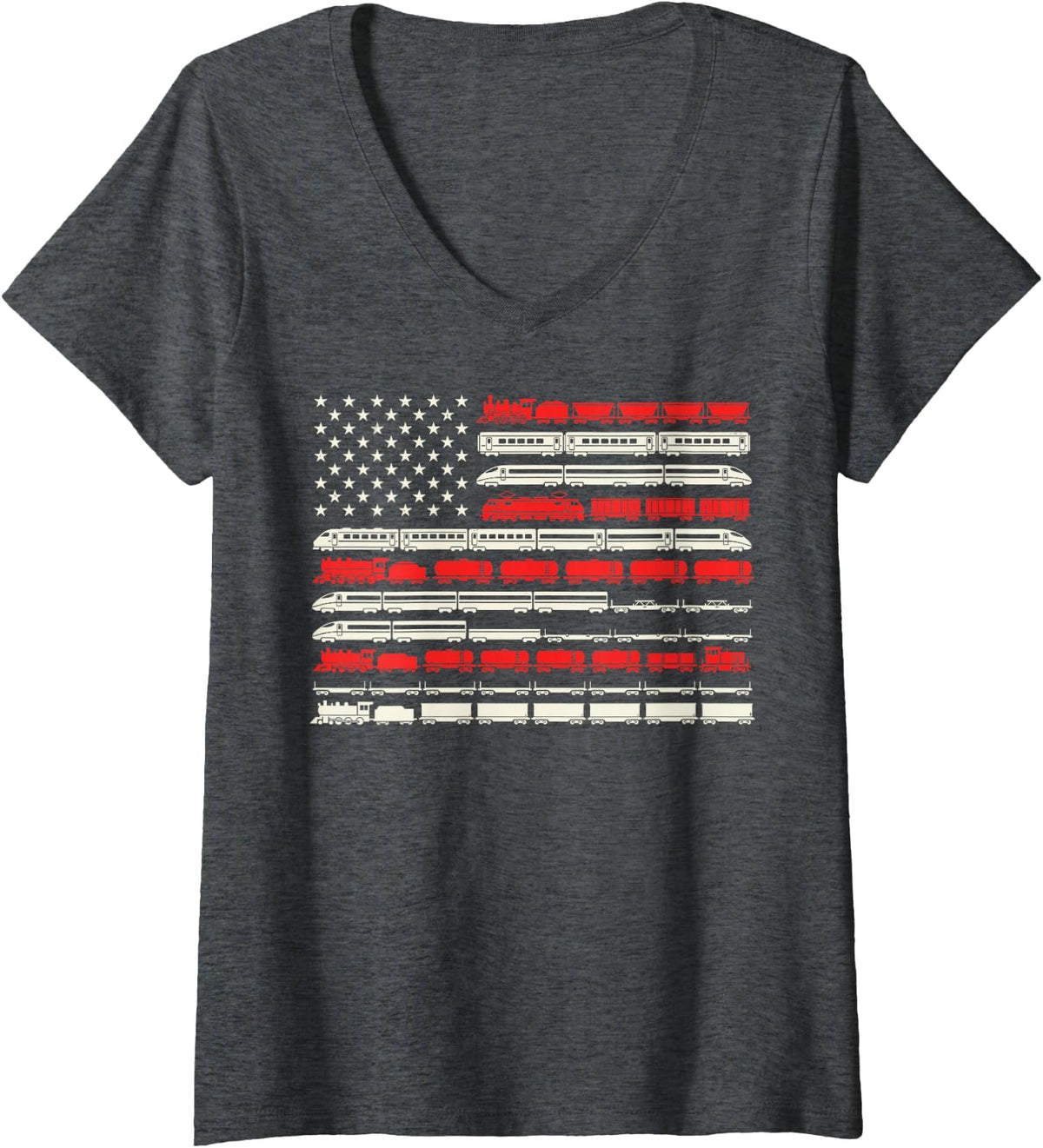 Women's US American Flag Trains Lover Railroad Railway Locomotives V-Neck T-Shirt - Dark Heather Grey