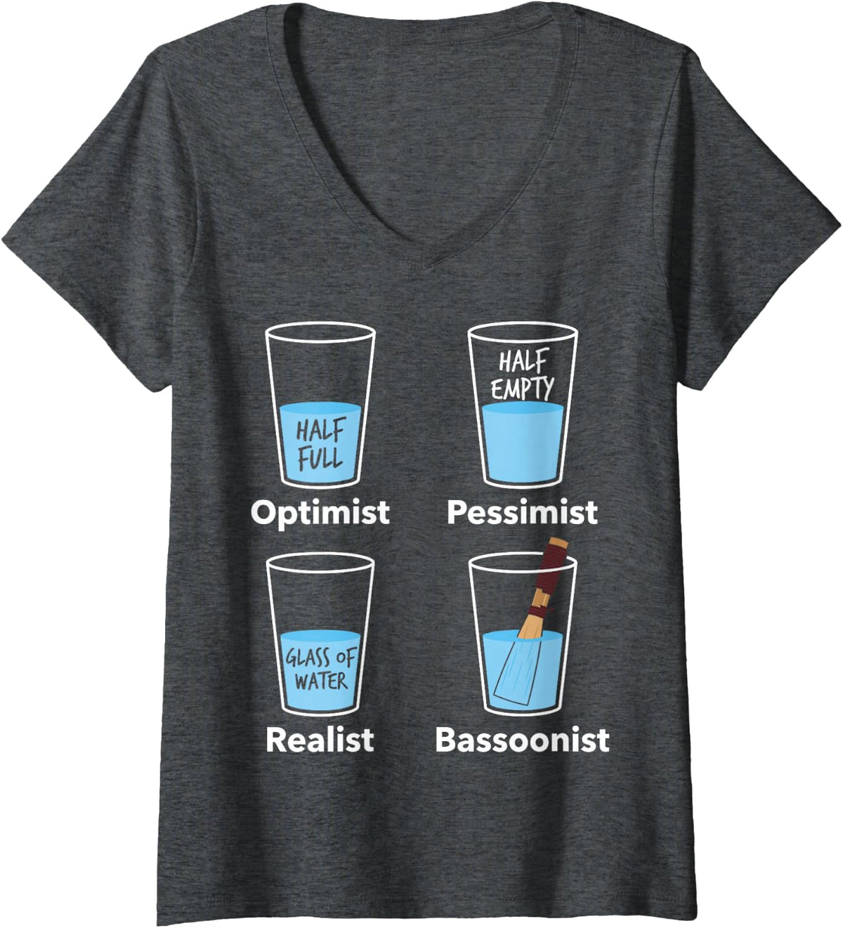 Women's Optimist Pessimist Realist Bassoonist Funny Bassoon Player V-Neck T-Shirt - Dark Heather Grey