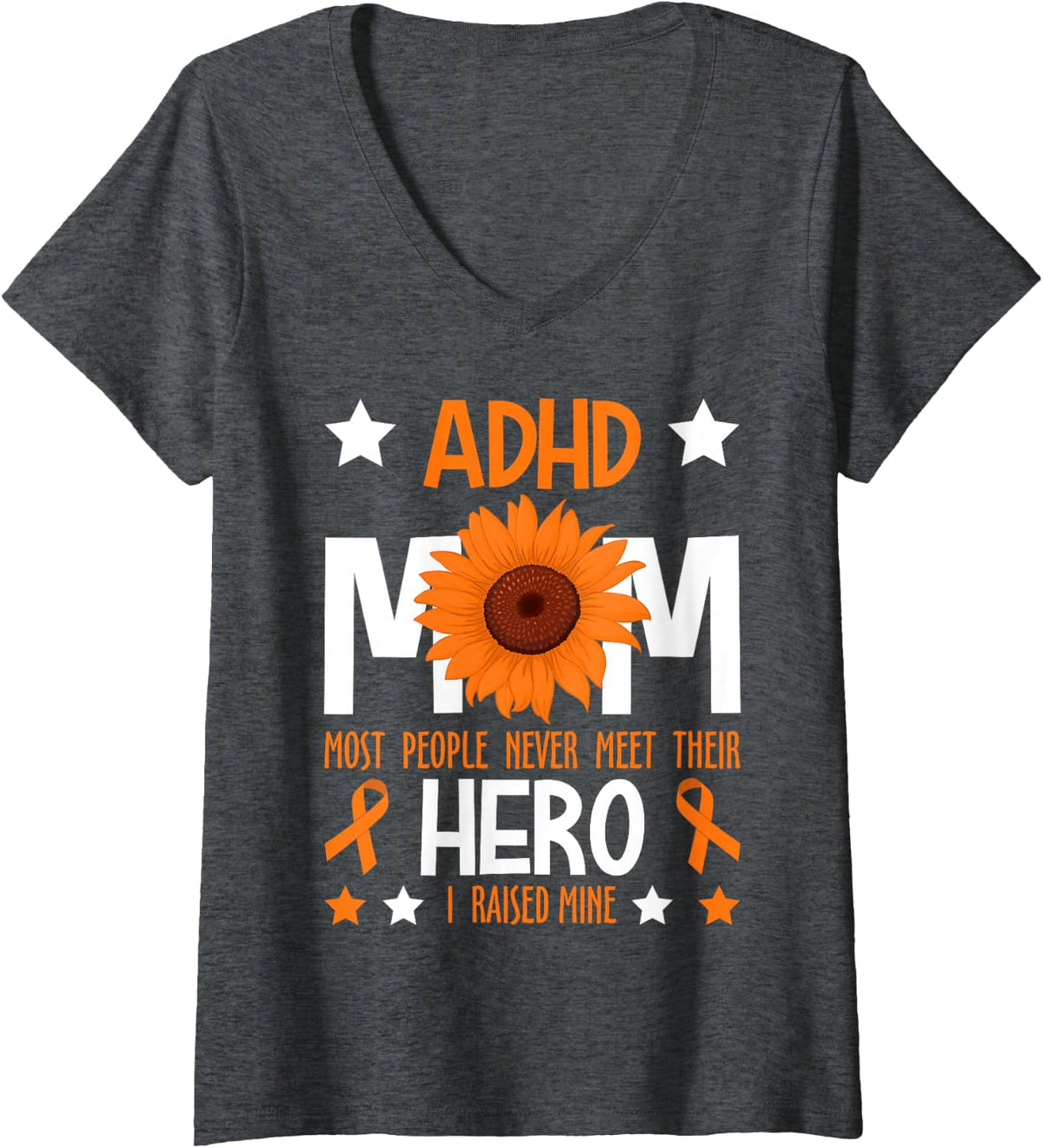 Women's ADHD Mom ADHD Awareness Month Family Support Orange Ribbon V-Neck T-Shirt - Dark Heather Grey