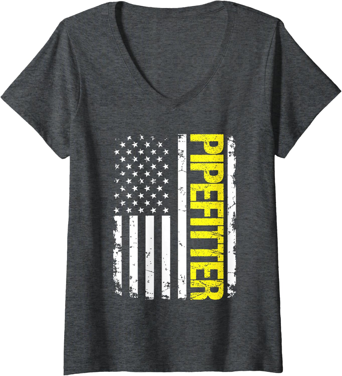 Women's Pipefitter USA Flag V-Neck T-Shirt - Dark Heather Grey