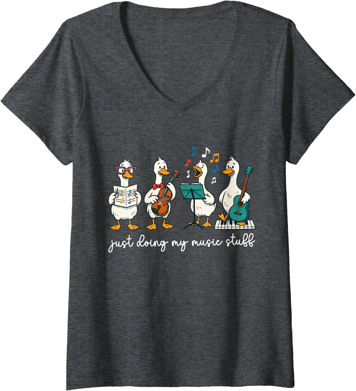 Women's Silly Goose Musician Cute Band Music Teacher Choir Chorister V-Neck T-Shirt - Dark Heather Grey