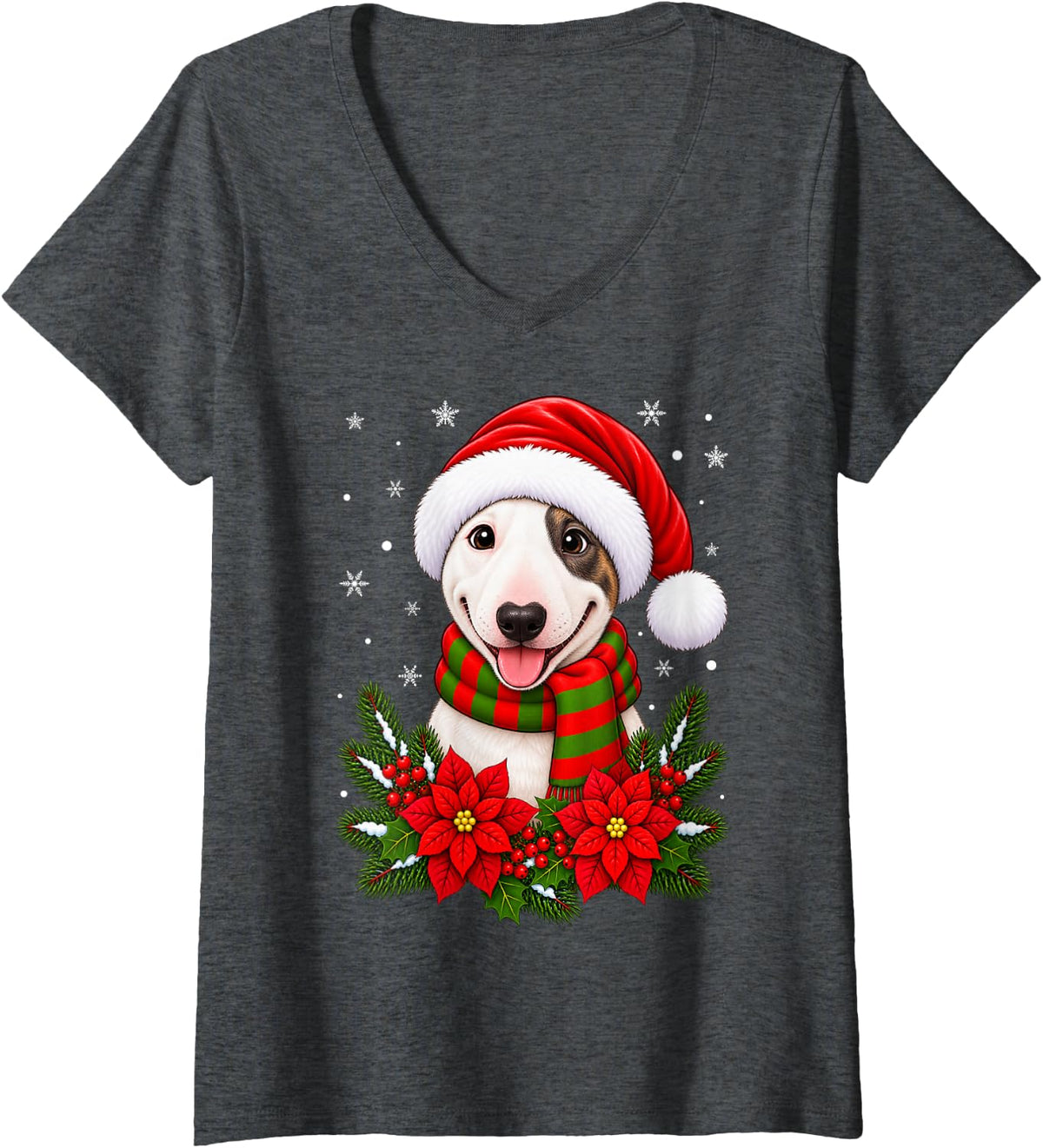 Women's Cute Festive Flowers Santa Hat Bull Terrier Dog Christmas V-Neck T-Shirt - Dark Heather Grey