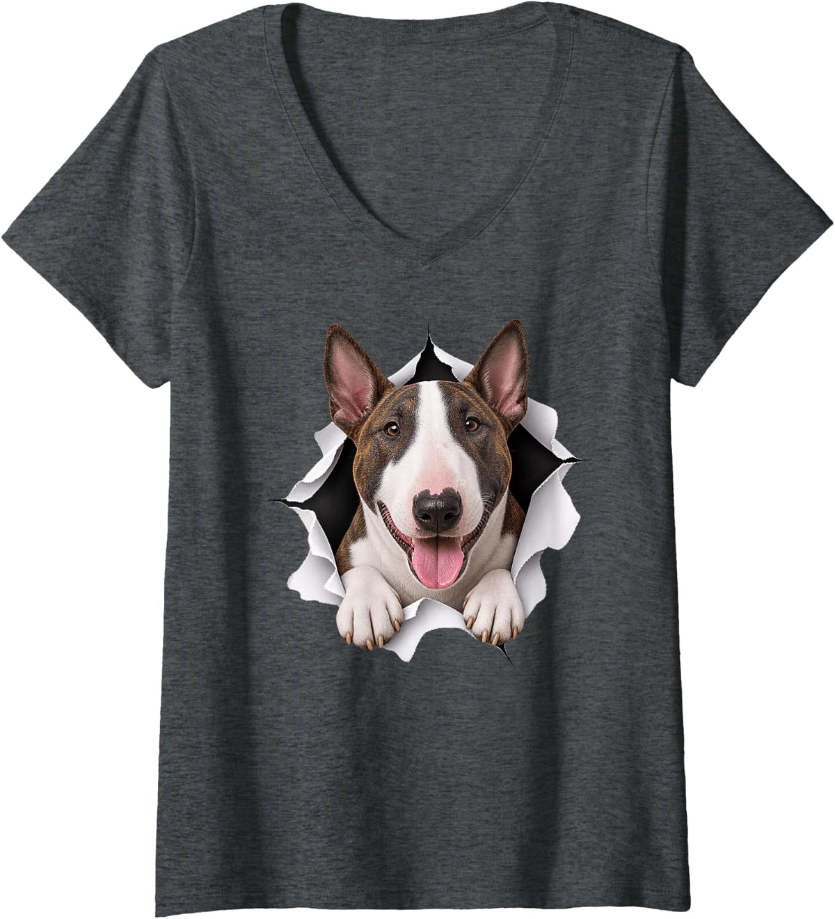 Women's Funny Bull Terrier Peeking Cute Dog Lover Mom Dad V-Neck T-Shirt - Dark Heather Grey