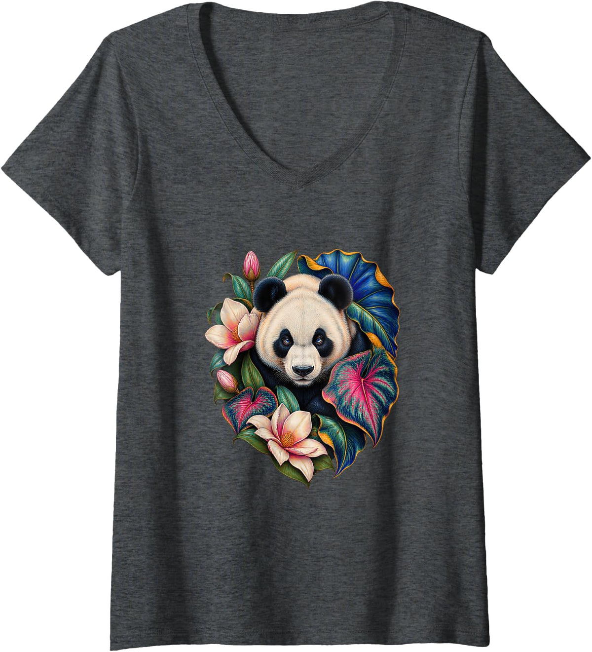 Women's Panda Magnolia Botanical Round Eared Animal Illustration V-Neck T-Shirt - Dark Heather Grey
