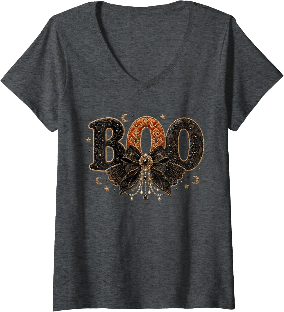 Women's Girls Spooky Season Gothic Black Bow Boo Halloween V-Neck T-Shirt - Dark Heather Grey