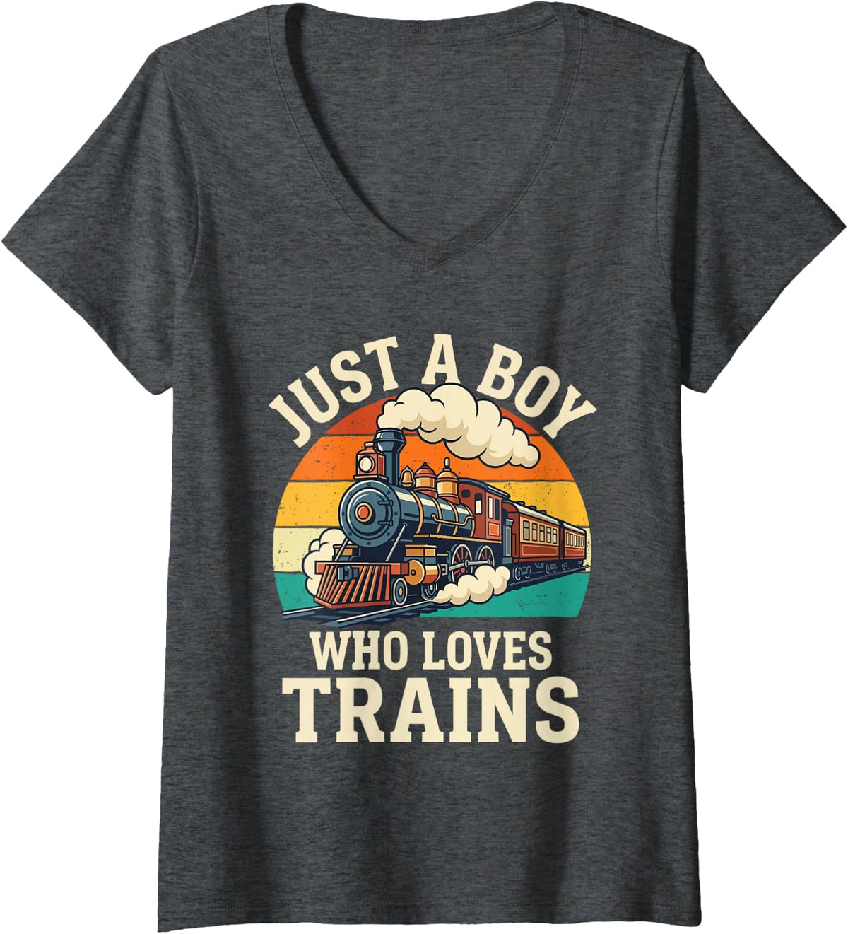 Women's Just A Boy Who Loves Trains - RailroadLover Steam Locomotive V-Neck T-Shirt - Dark Heather Grey