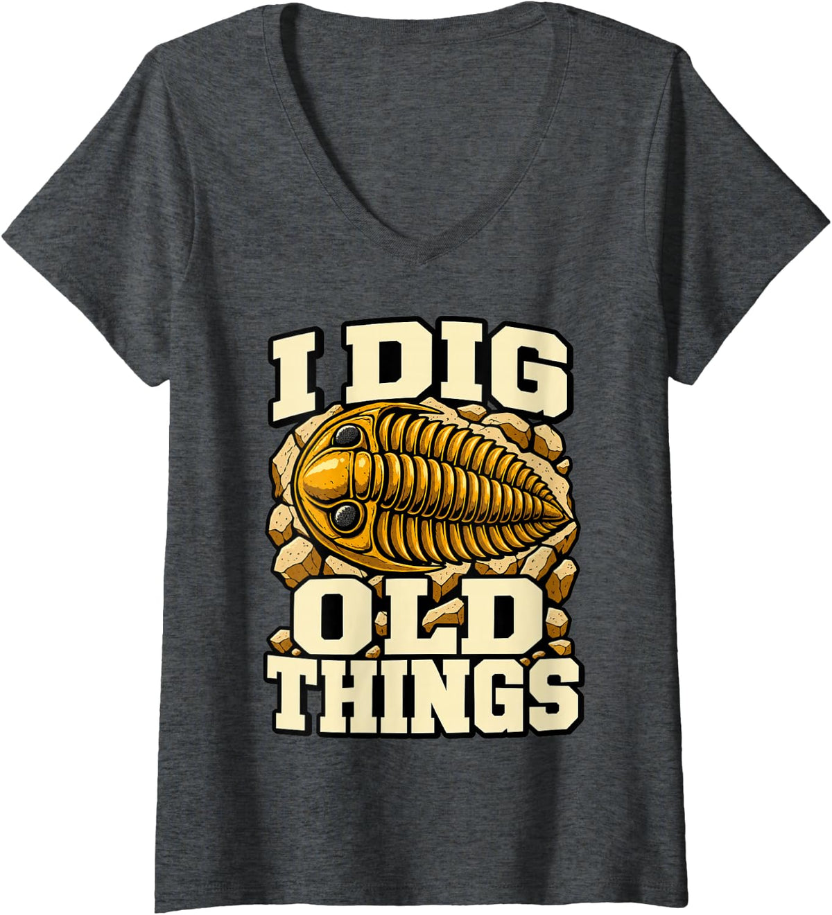 Women's Paleontology I Dig Old Things Paleontologist Trilobite V-Neck T-Shirt - Dark Heather Grey