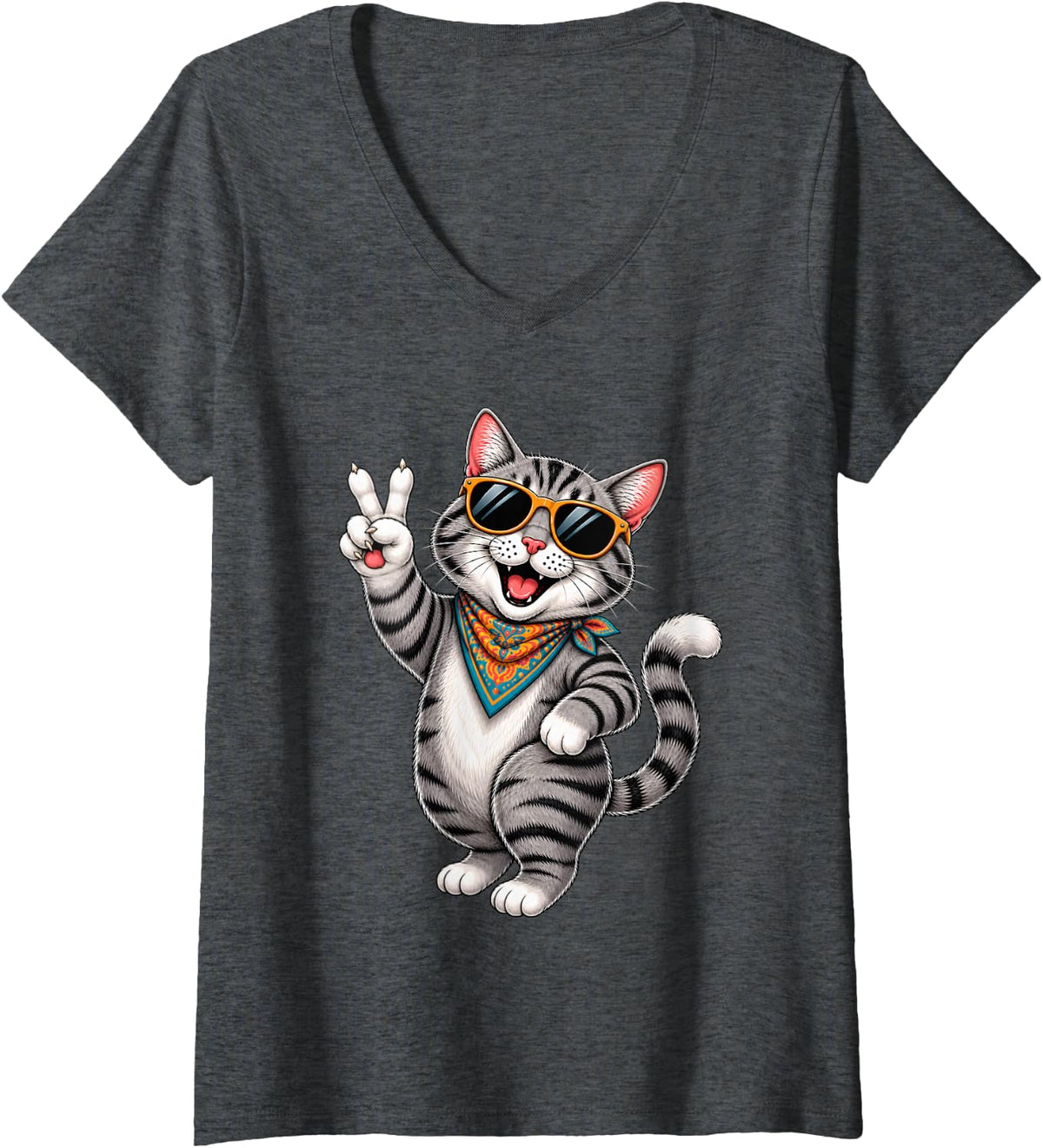 Women's Funny Cat with Sunglasses and Peace Sign Retro Kitty Cats V-Neck T-Shirt - Dark Heather Grey