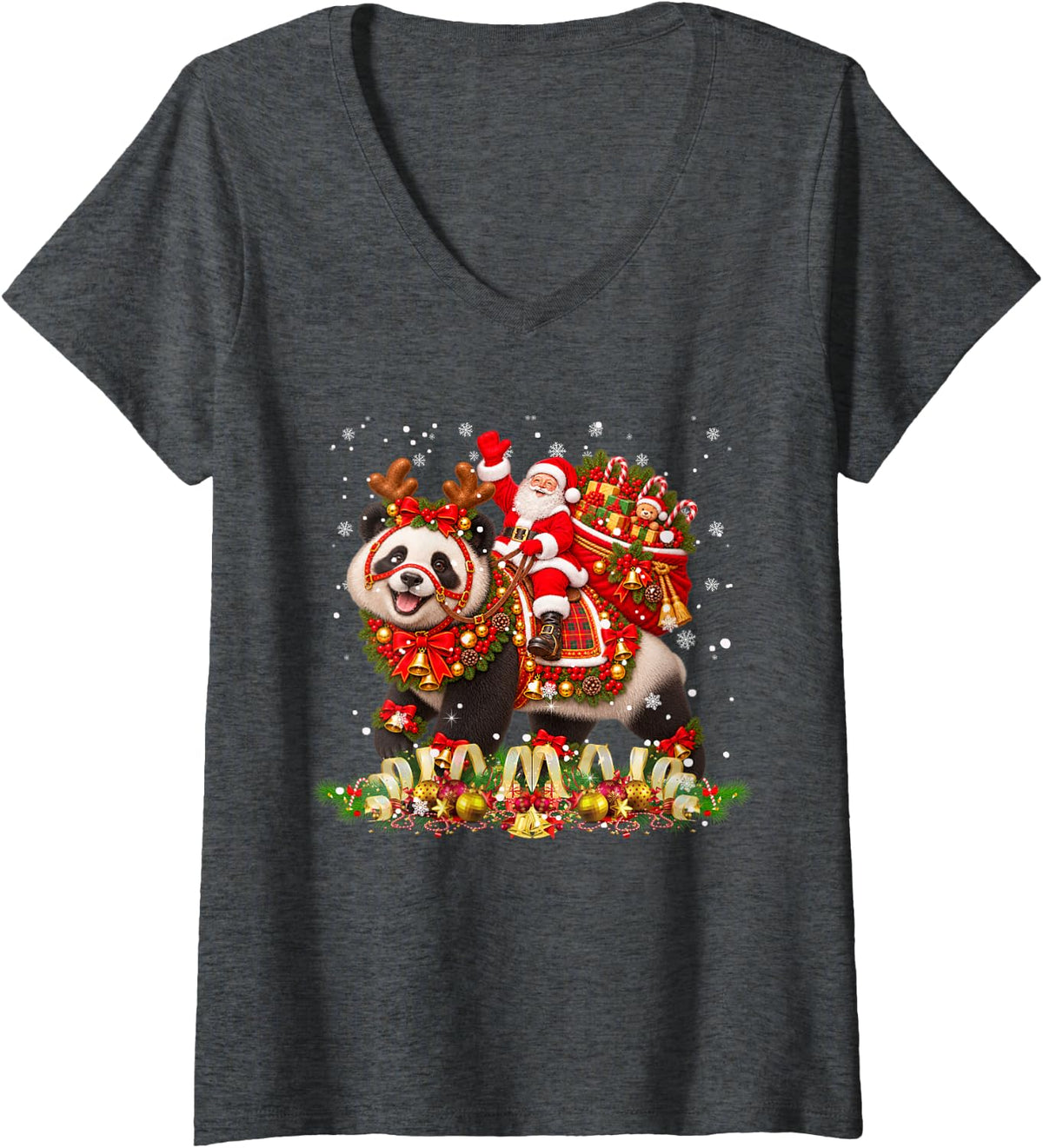 Women's Xmas Decor Funny Santa Riding Panda Christmas V-Neck T-Shirt - Dark Heather Grey