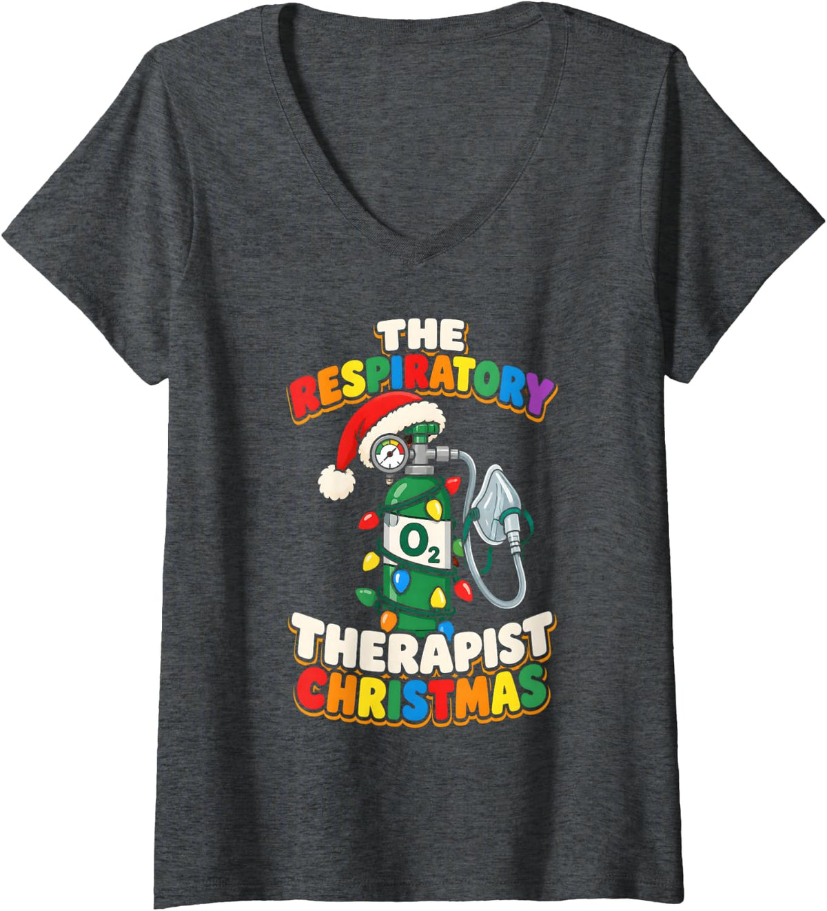 Women's Respiratory Therapist Christmas Oxygen Santa Hat Lights V-Neck T-Shirt - Dark Heather Grey