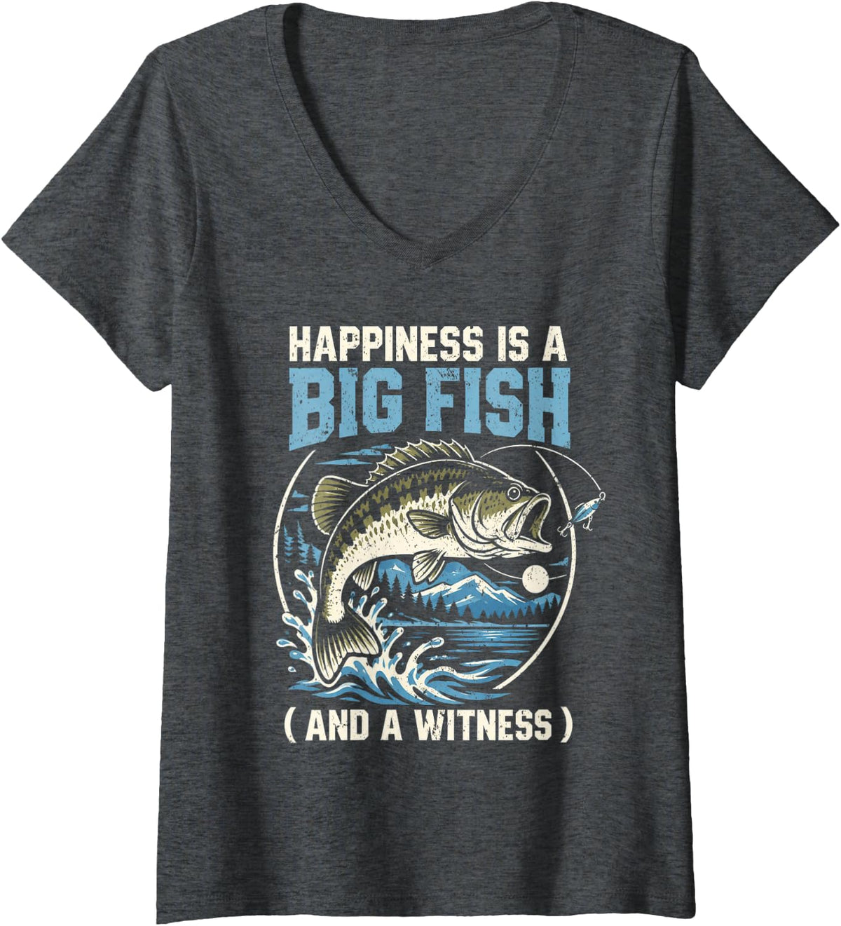 Women's Happiness is A Big Fish and A Witness Funny Fishing Angler V-Neck T-Shirt - Dark Heather Grey