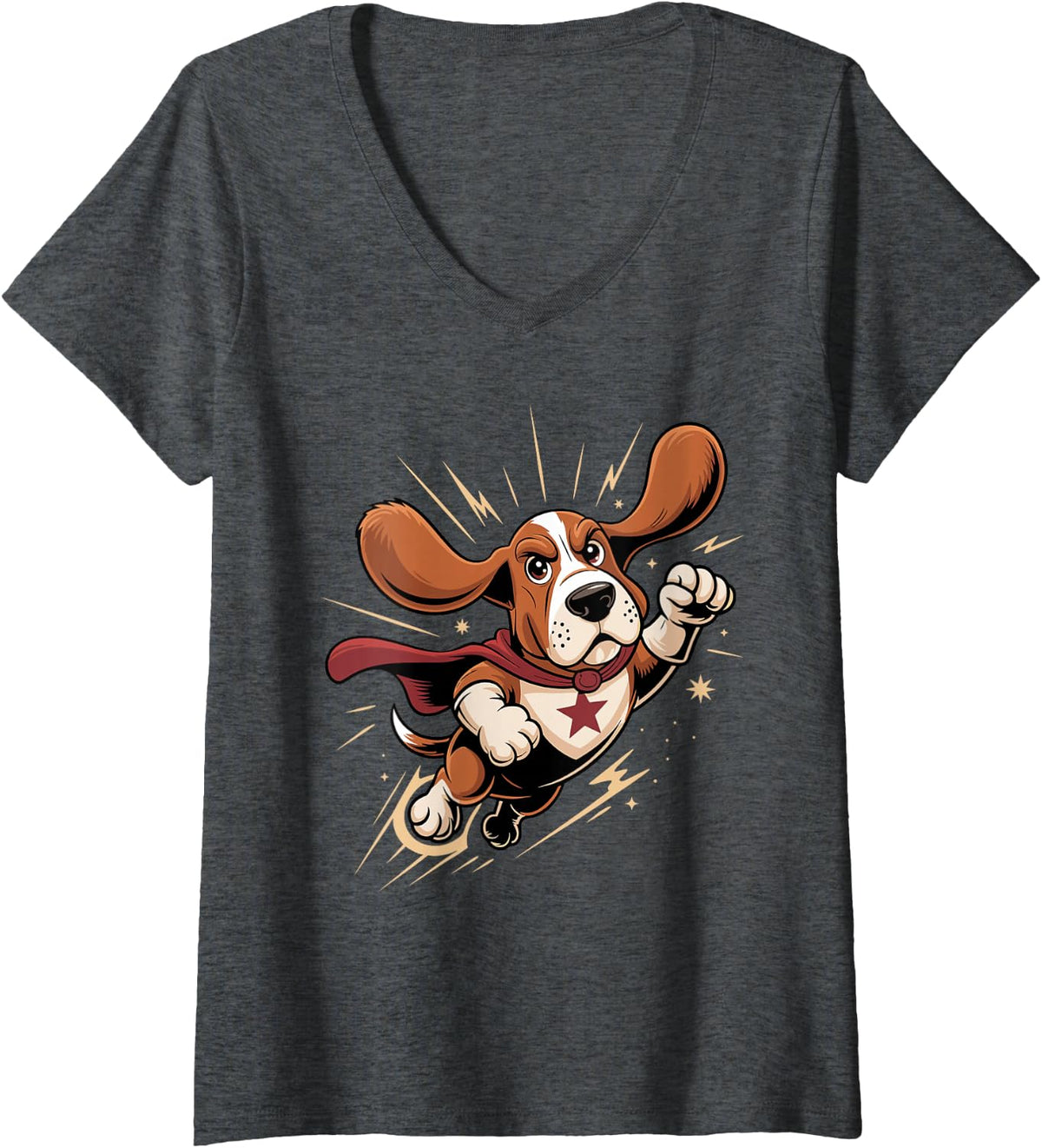 Women's Basset Hound Superhero Dog Lover Owner Hound V-Neck T-Shirt - Dark Heather Grey
