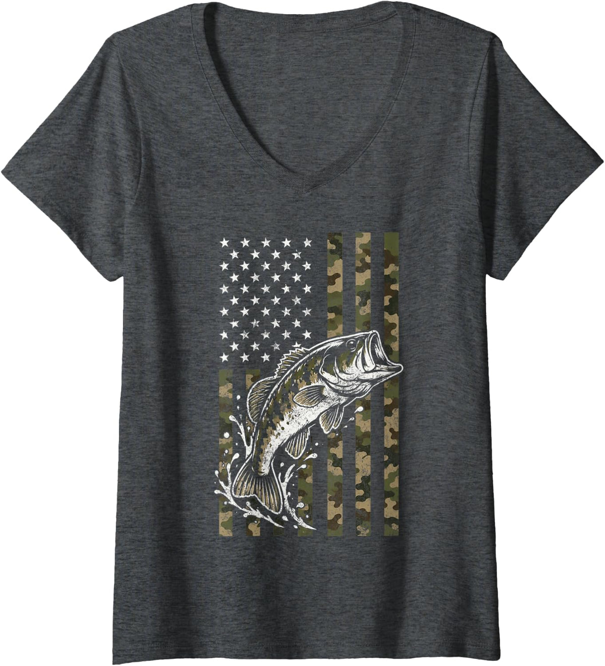 Women's American Flag Bass Fishing Camo Fisherman Angler Fish Lover V-Neck T-Shirt - Dark Heather Grey