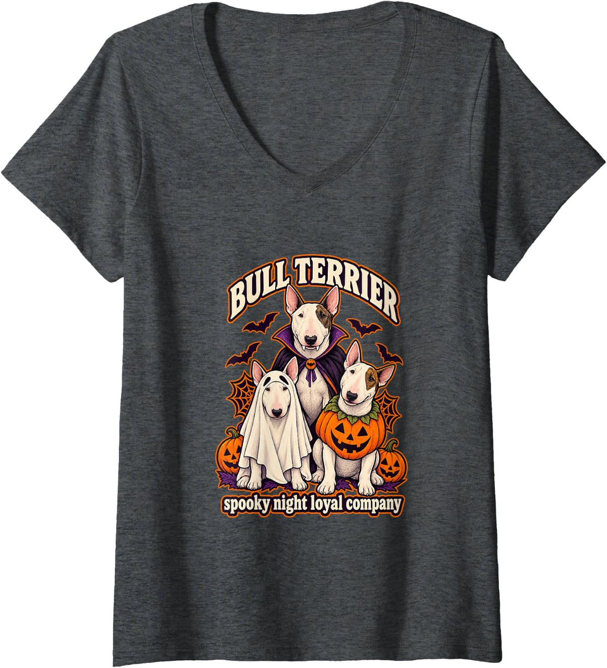 Women's Bull Terrier - Spooky Night Loyal Company Halloween V-Neck T-Shirt - Dark Heather Grey