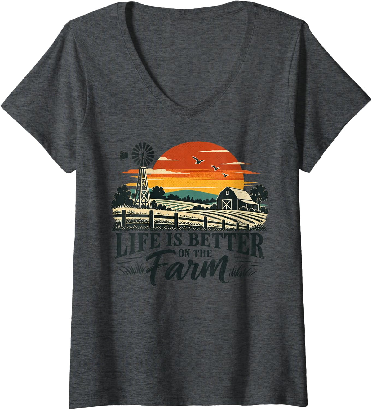Women's Life is Better on the Farm Retro Country Landscape V-Neck T-Shirt - Dark Heather Grey