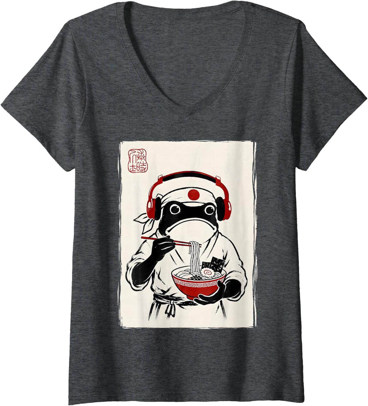 Women's Frog Ramen Chef Ukiyo E Kawaii Japanese Art Noodle Lover V-Neck T-Shirt - Dark Heather Grey