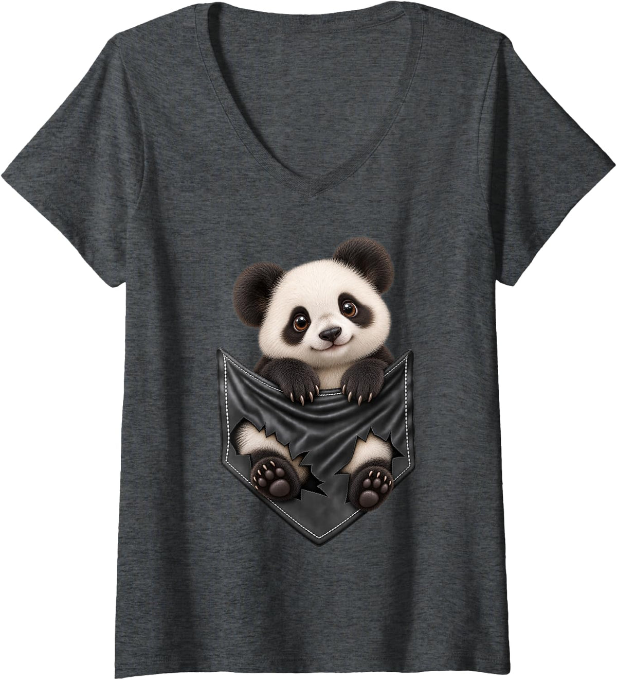 Women's Funny Panda Pocket for Men and Women Cute Animal Graphic V-Neck T-Shirt - Dark Heather Grey