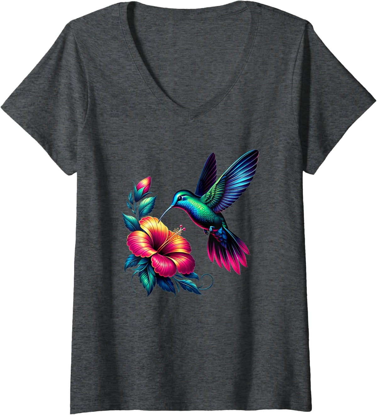 Womens Bird Hummingbird V-Neck T-Shirt - Dark Heather Grey