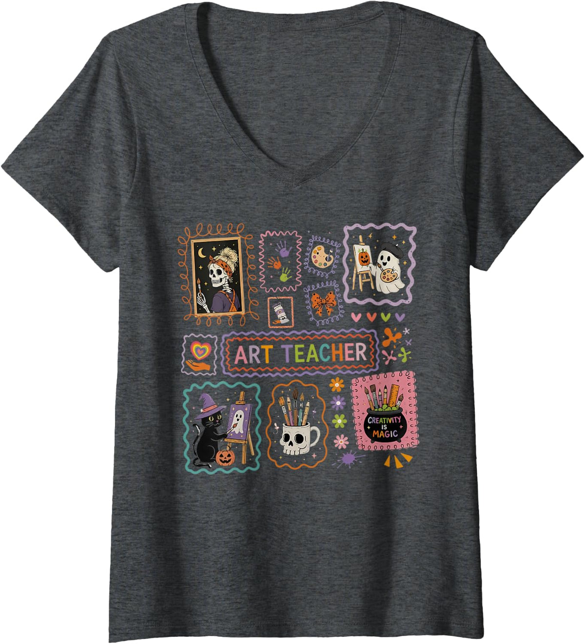 Women's Stamp Halloween Art Teacher Cute Ghost Skeleton Painting V-Neck T-Shirt - Dark Heather Grey