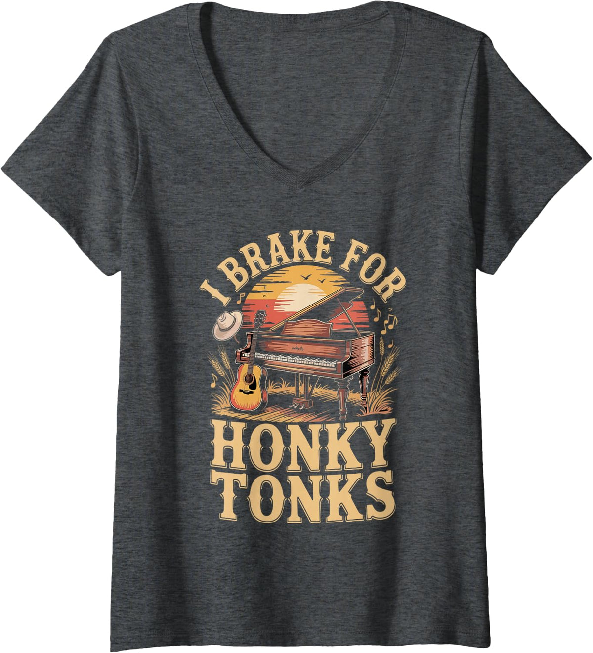 Women's I Brake for Honky Tonks Country Music Line Dancing V-Neck T-Shirt - Dark Heather Grey