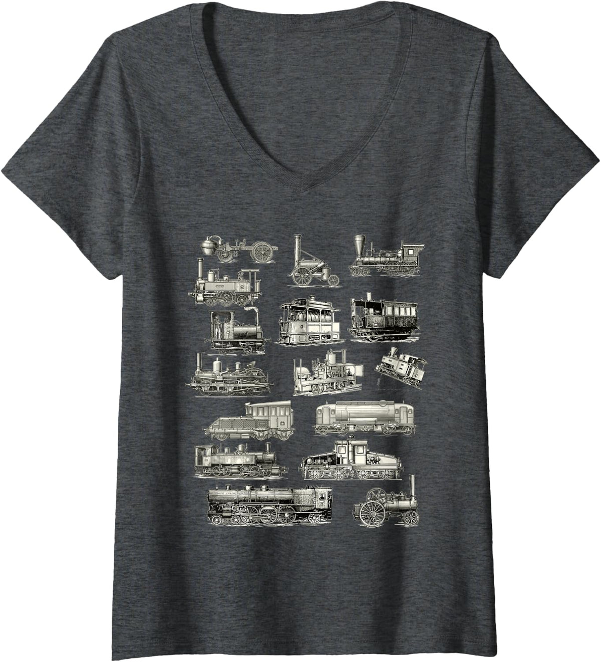 Women's Steam Enginge Train - Train Lover Railroad Steam Locomotive V-Neck T-Shirt - Dark Heather Grey