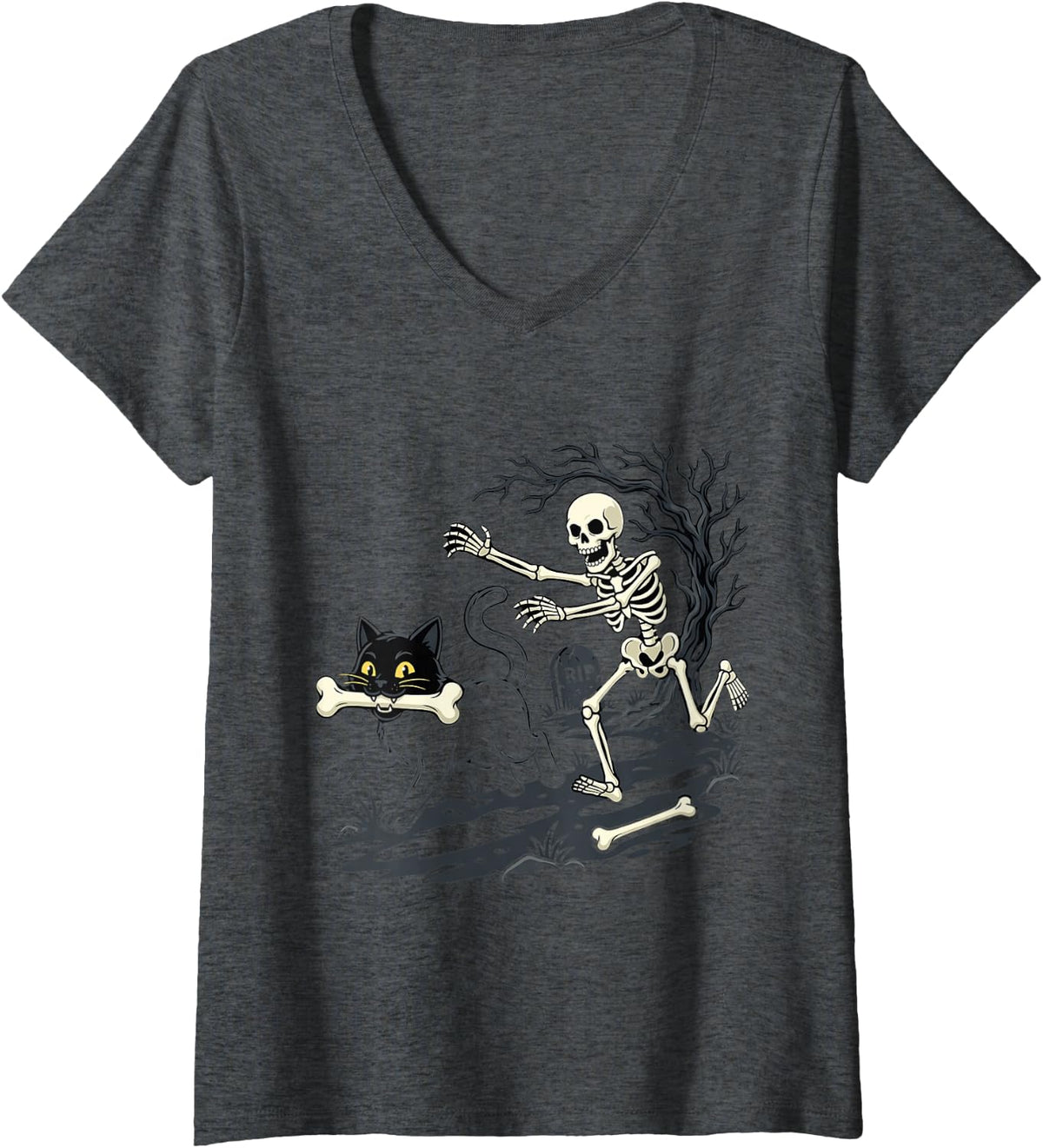 Women's Halloween Skeleton Black Cat Spooky Season Costume V-Neck T-Shirt - Dark Heather Grey
