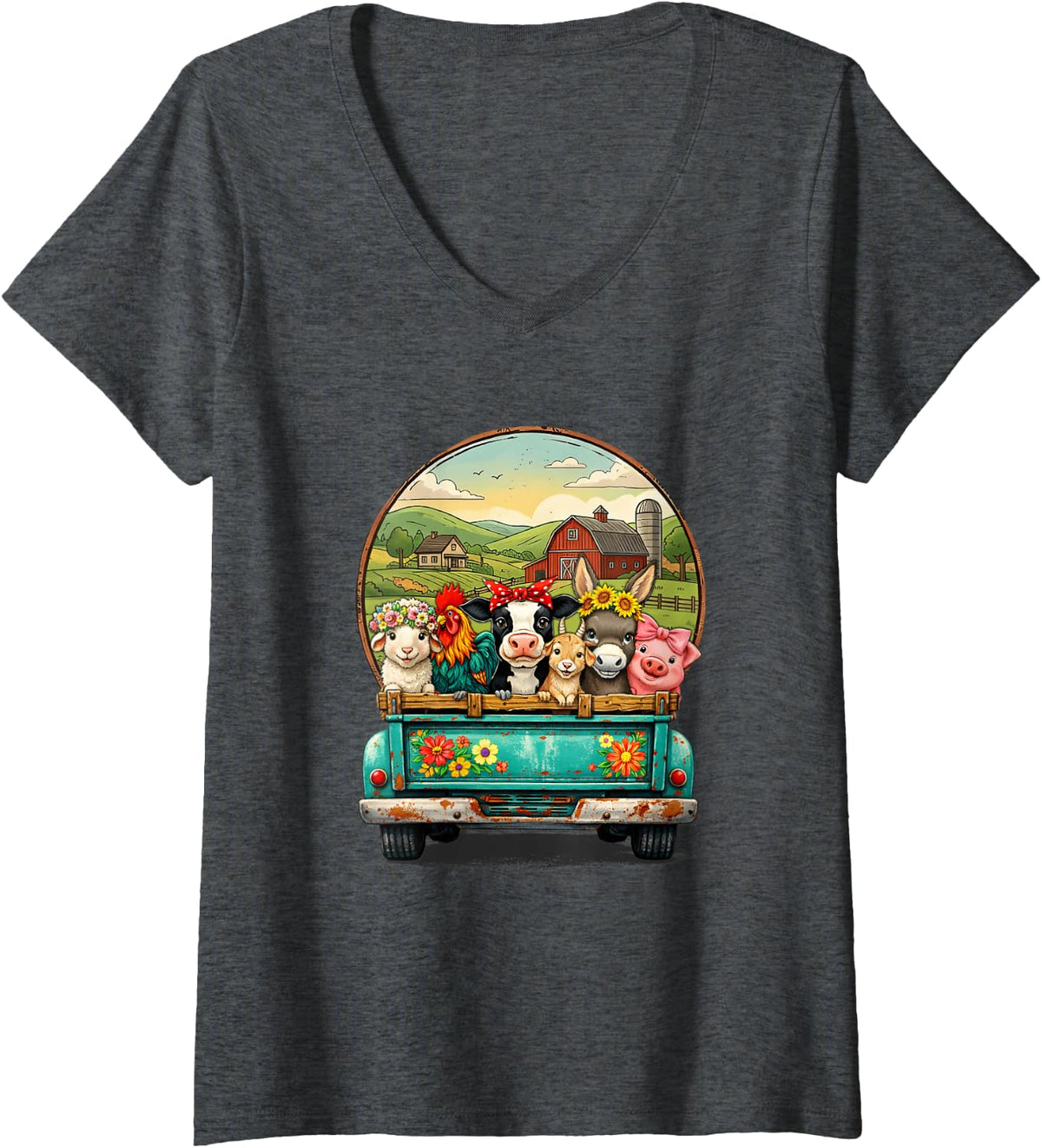 Women's Farm Animals Turquoise Pickup Truck Country Life Farmer Wife V-Neck T-Shirt - Dark Heather Grey