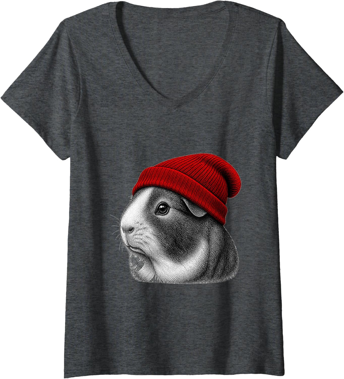 Women's Guinea Pig Wearing Beanie Funny Chill Animal Lover V-Neck T-Shirt - Dark Heather Grey