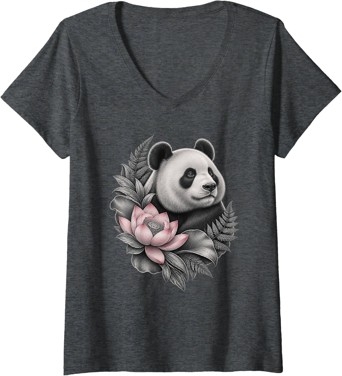 Women's Panda with Lotus Flower and Fern Fronds V-Neck T-Shirt - Dark Heather Grey