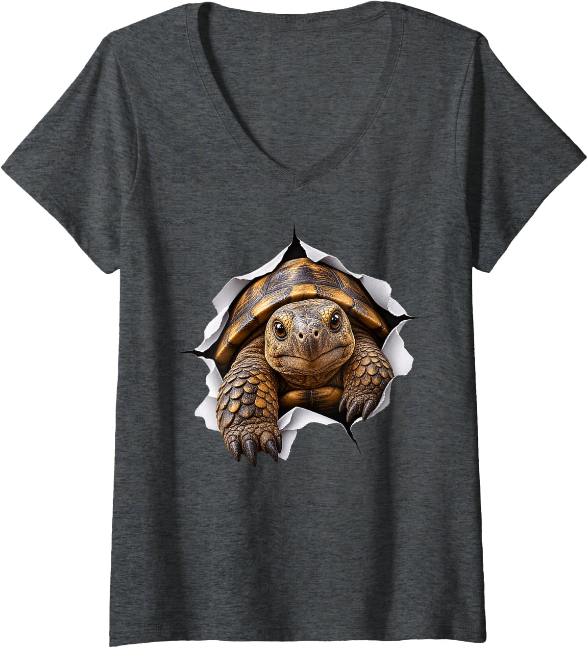 Women's Funny Tortoise Peeking Cute Zoo Animal Lover V-Neck T-Shirt - Dark Heather Grey