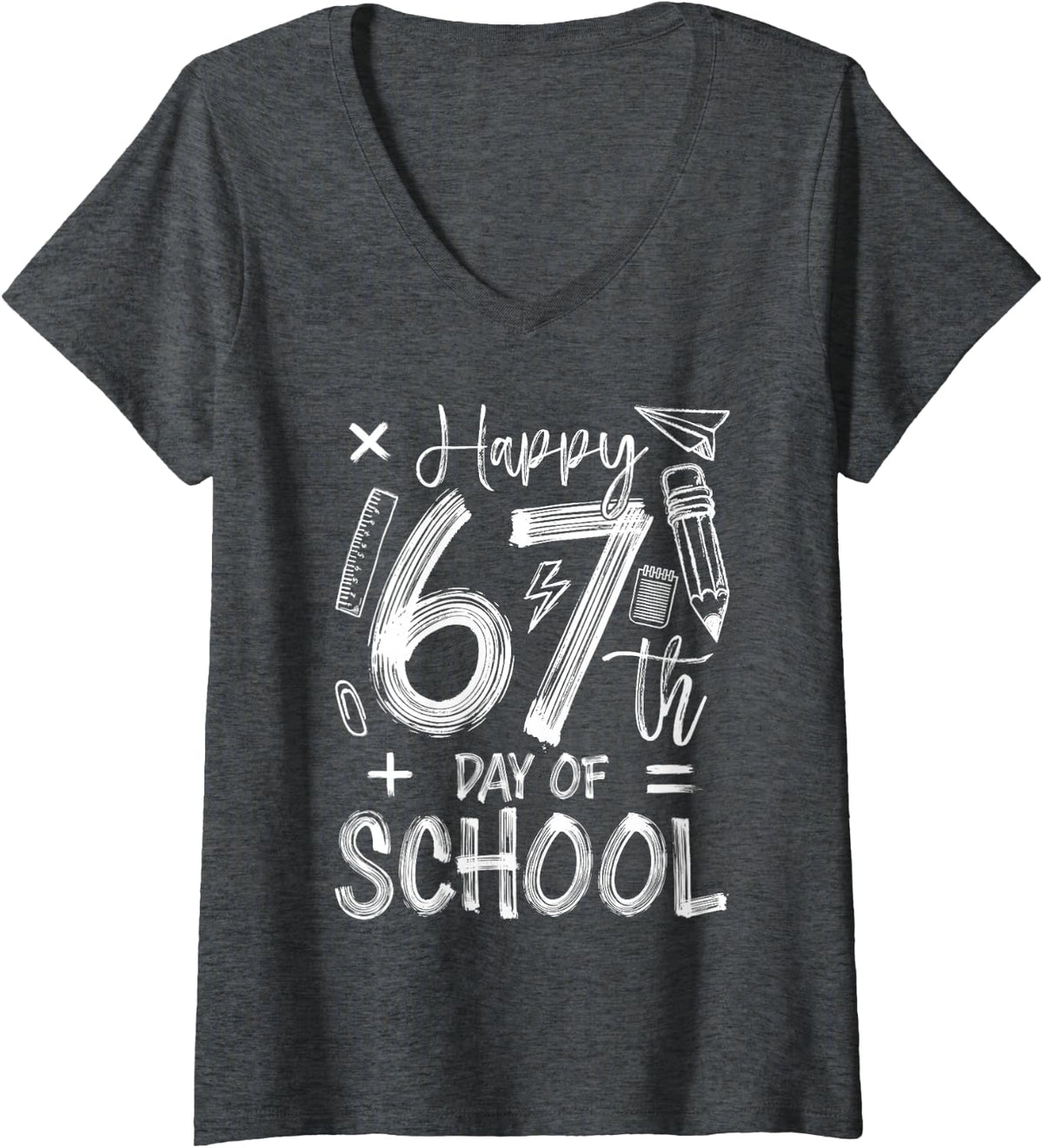 Women's Happy 67th Day of School Funny 67 Days Smarter Teacher Kids V-Neck T-Shirt - Dark Heather Grey