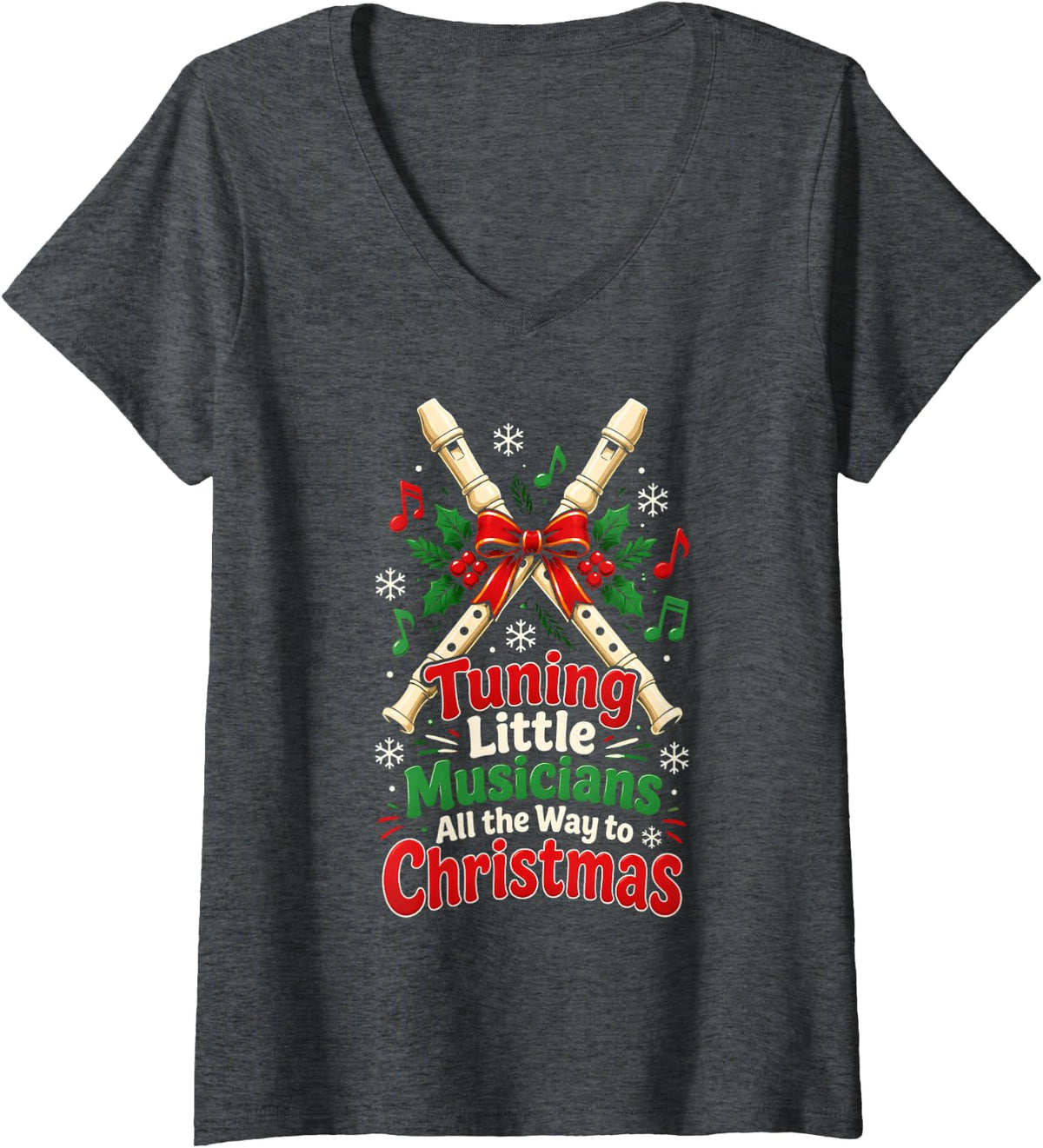Women's Tuning Little Musicians Music Teacher Christmas Recorder V-Neck T-Shirt - Dark Heather Grey