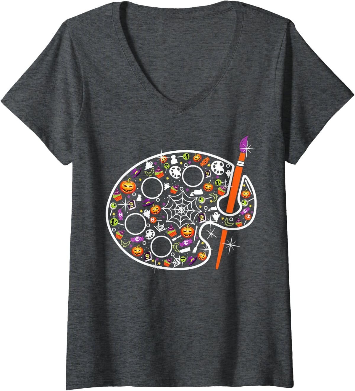 Women's Funny Art Teacher Pumpkin Scary Halloween Costume V-Neck T-Shirt - Dark Heather Grey
