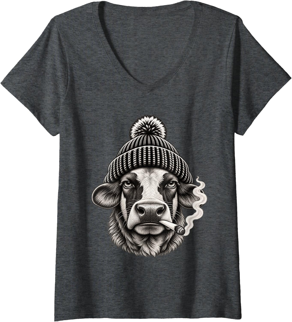 Women's Grumpy Smoking Cow Beanie Hat Vintage Farm Animal Art V-Neck T-Shirt - Dark Heather Grey