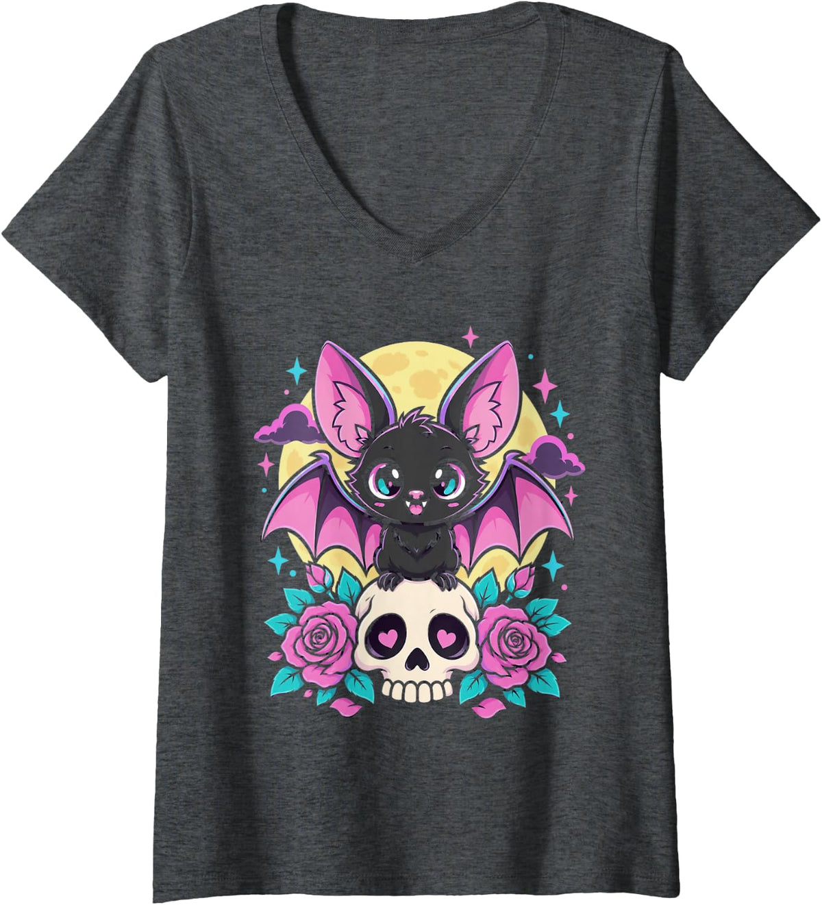 Women's Pastel Goth Kawaii Cute Witch Bat Skull Aesthetic V-Neck T-Shirt - Dark Heather Grey