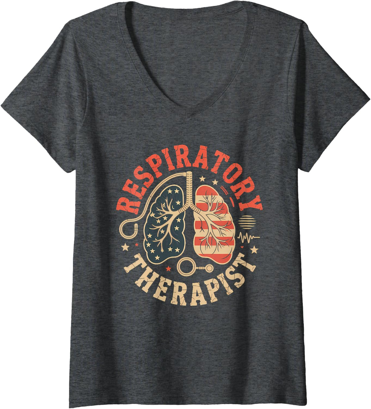 Women's Patriotic Respiratory Therapist Lungs Medical Professional V-Neck T-Shirt - Dark Heather Grey