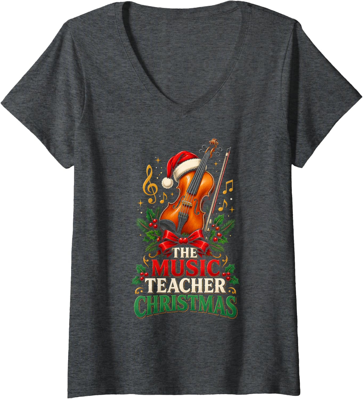 Women's The Music Teacher Christmas Violin Santa Hat Holiday V-Neck T-Shirt - Dark Heather Grey
