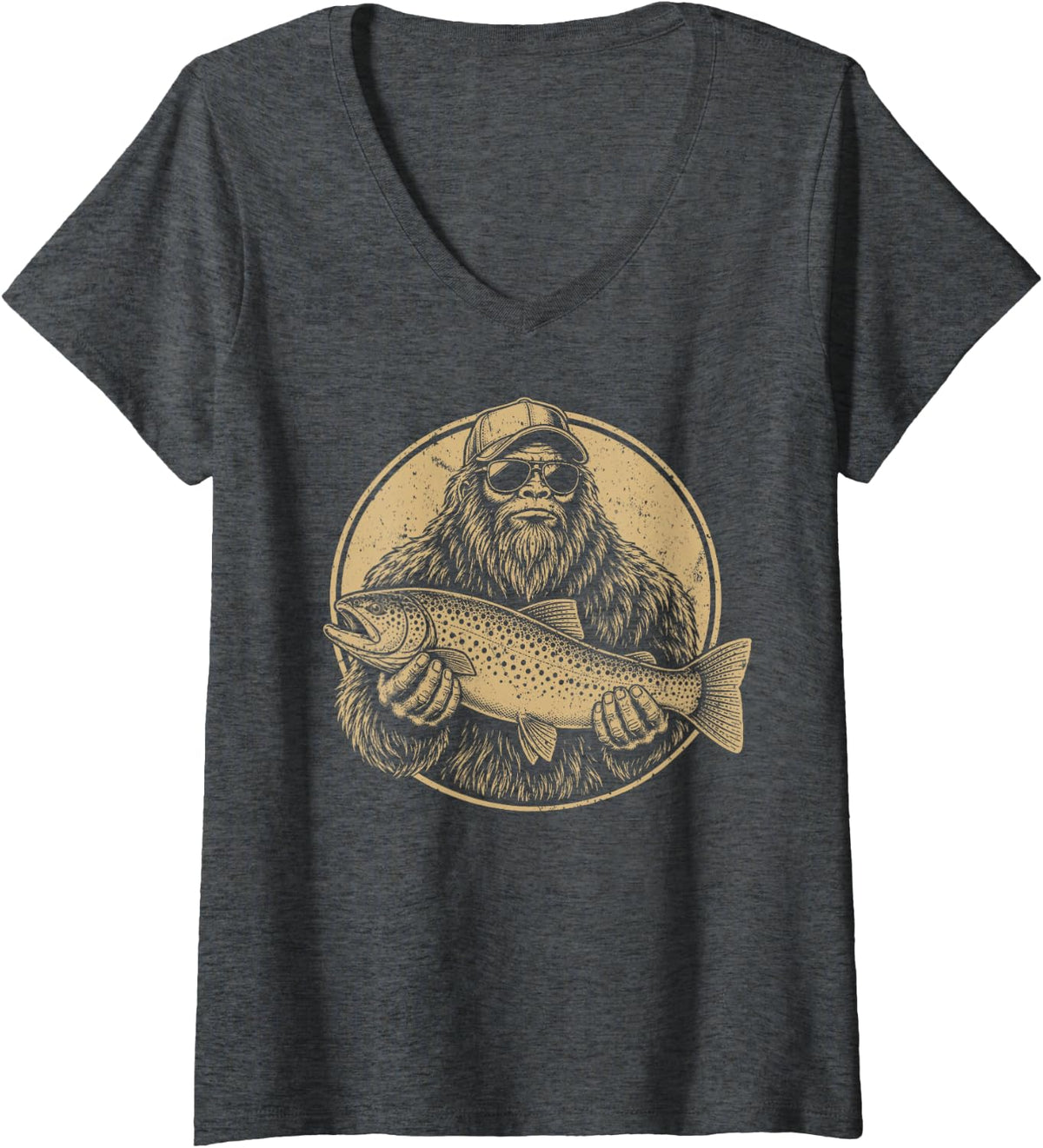 Women's Bigfoot Trout Fishing Fisherman Angler Sasquatch Mountain V-Neck T-Shirt - Dark Heather Grey