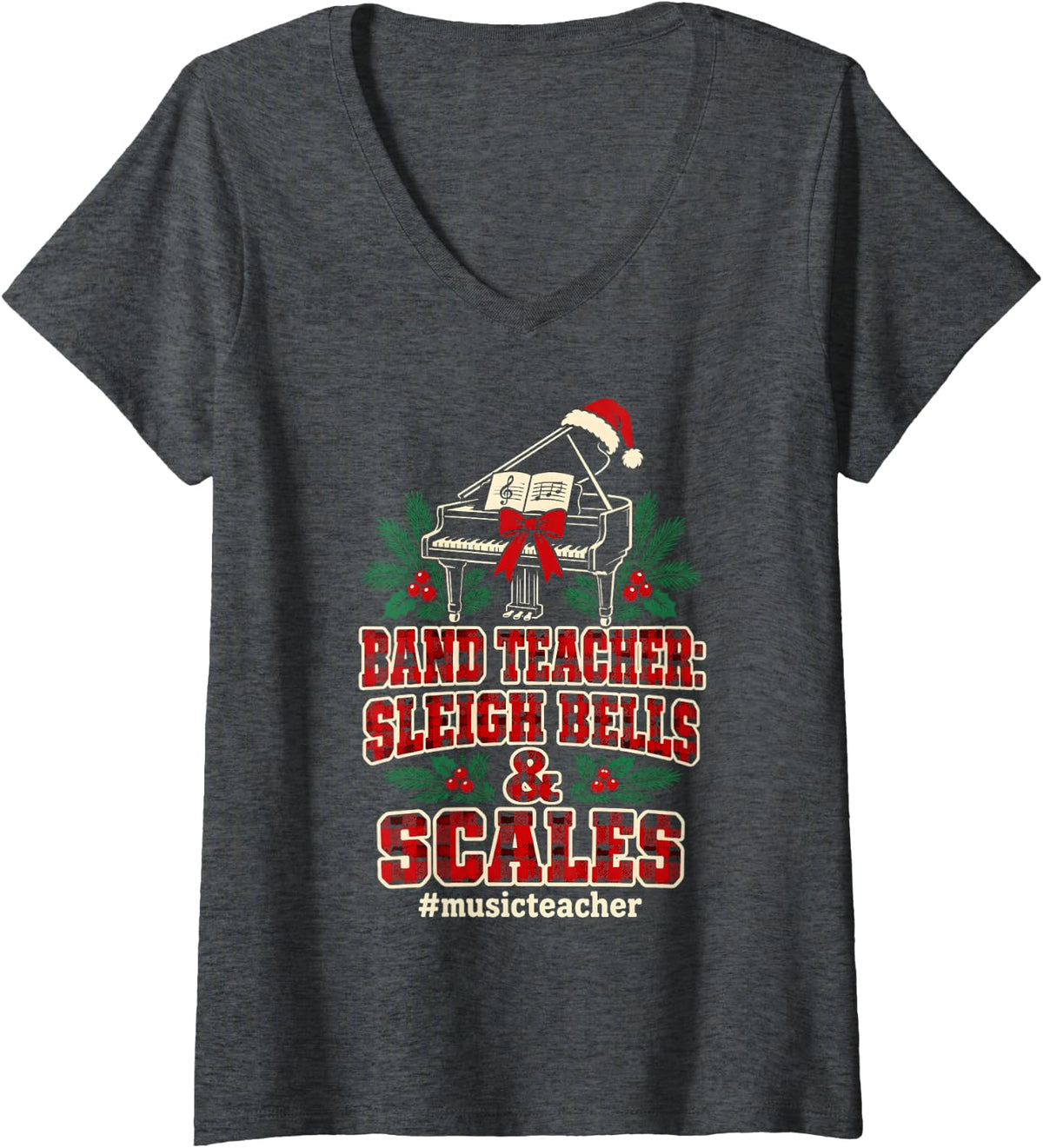 Women's Band Teacher Sleigh Bells Scales Music Teacher Christmas V-Neck T-Shirt - Dark Heather Grey