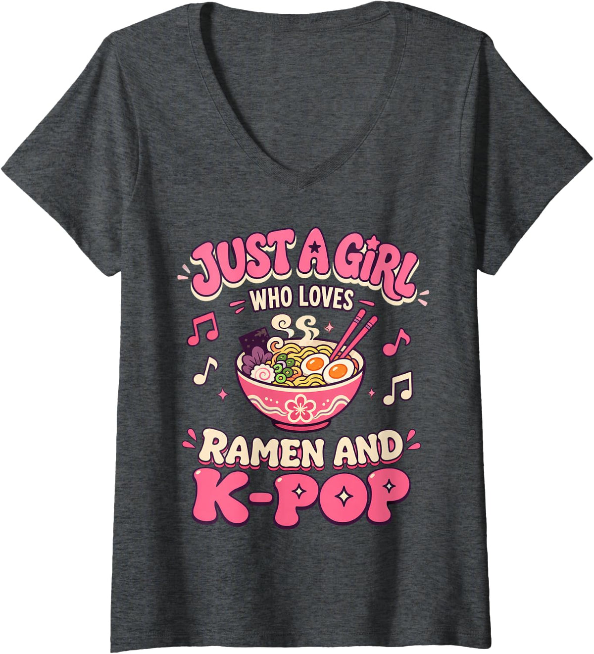 Women's Just A Girl Who Loves Ramen and K-Pop Noodle Music Fan V-Neck T-Shirt - Dark Heather Grey