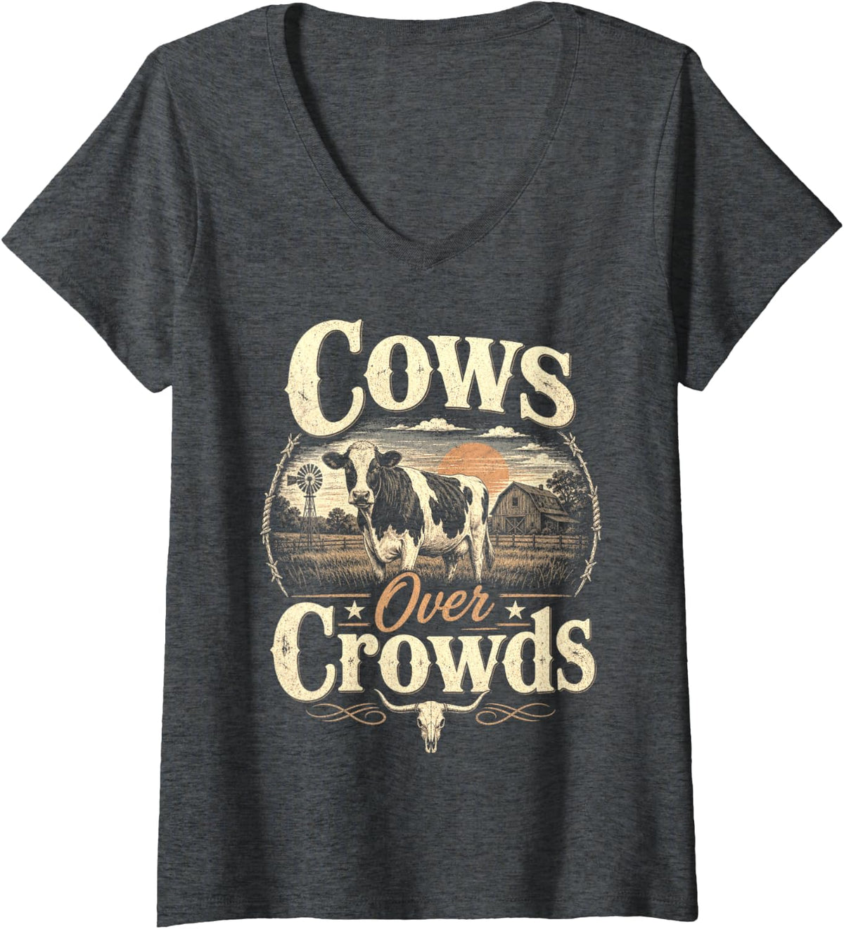 Women's Cows Over Crowds Cow Lover Vintage Farm Life Graphic V-Neck T-Shirt - Dark Heather Grey
