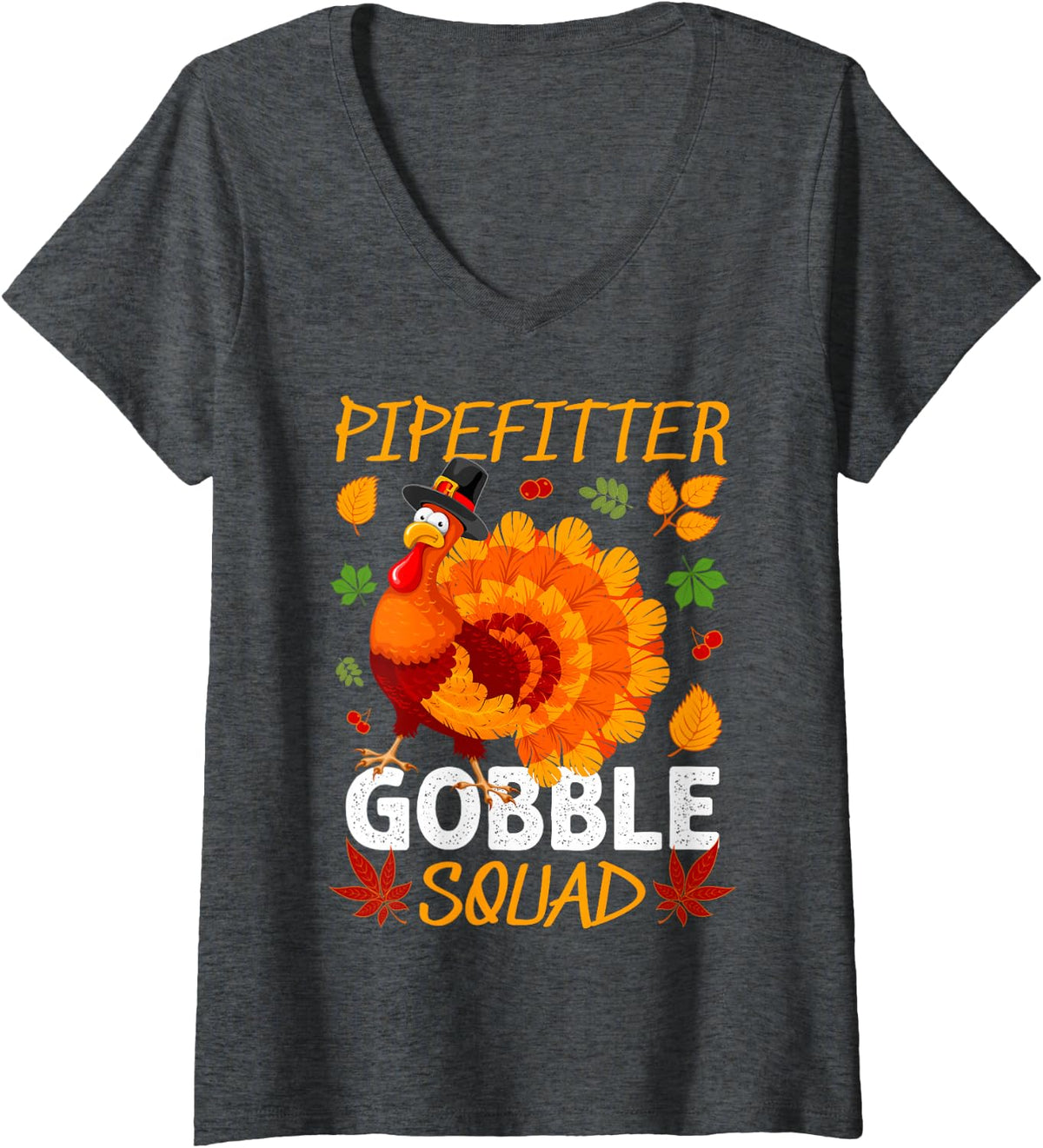 Women's Pipefitter Gobble Squad Thanksgiving Turkey V-Neck T-Shirt - Dark Heather Grey