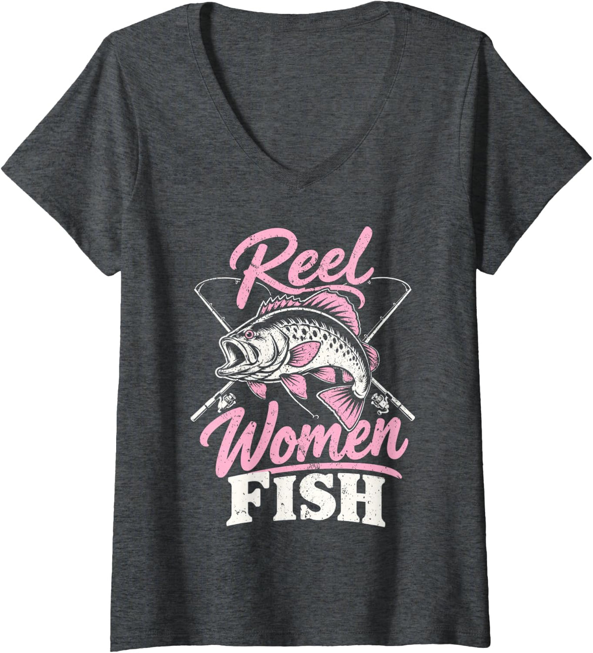 Women's Reel Women Fish Funny Fisherwoman Fishing Angler Bass Fish V-Neck T-Shirt - Dark Heather Grey