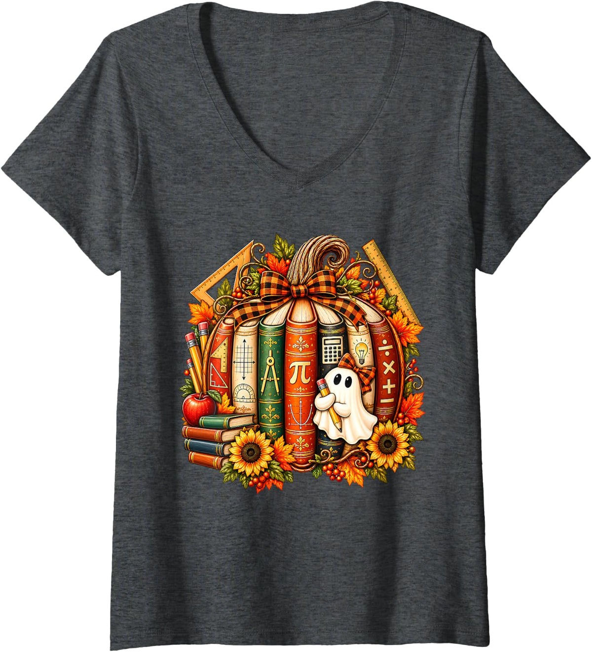Women's Math Teacher Ghost Halloween Fall Pumpkin Classroom Math V-Neck T-Shirt - Dark Heather Grey