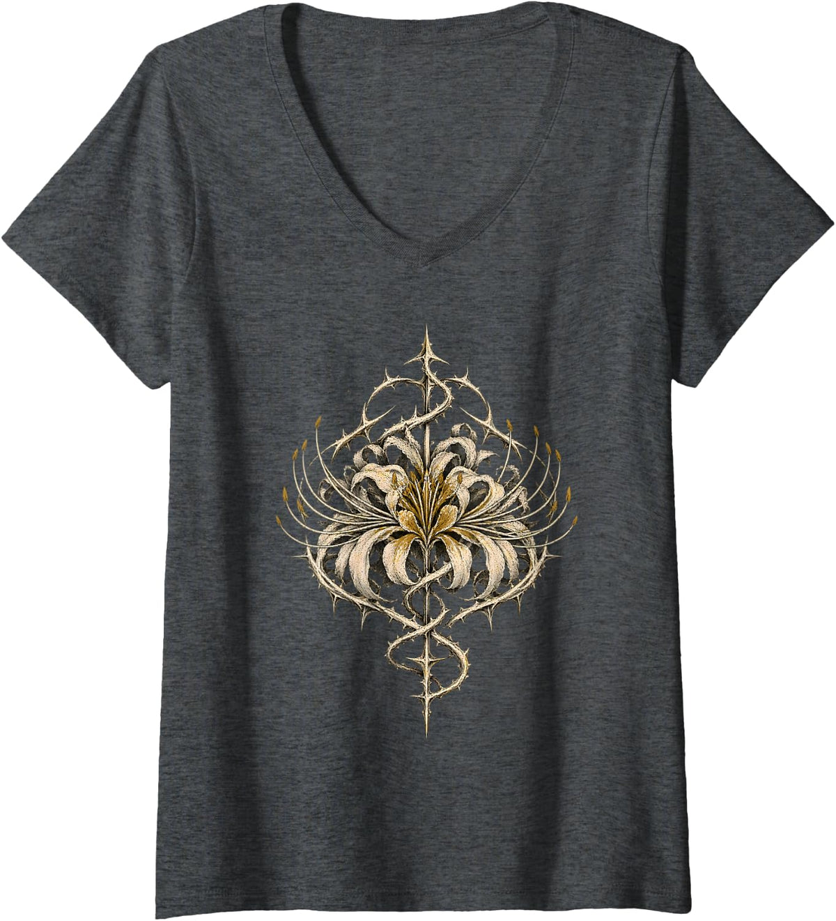 Women's Cyber Goth Clothing Spider Lily Sigil Grunge Alt V-Neck T-Shirt - Dark Heather Grey
