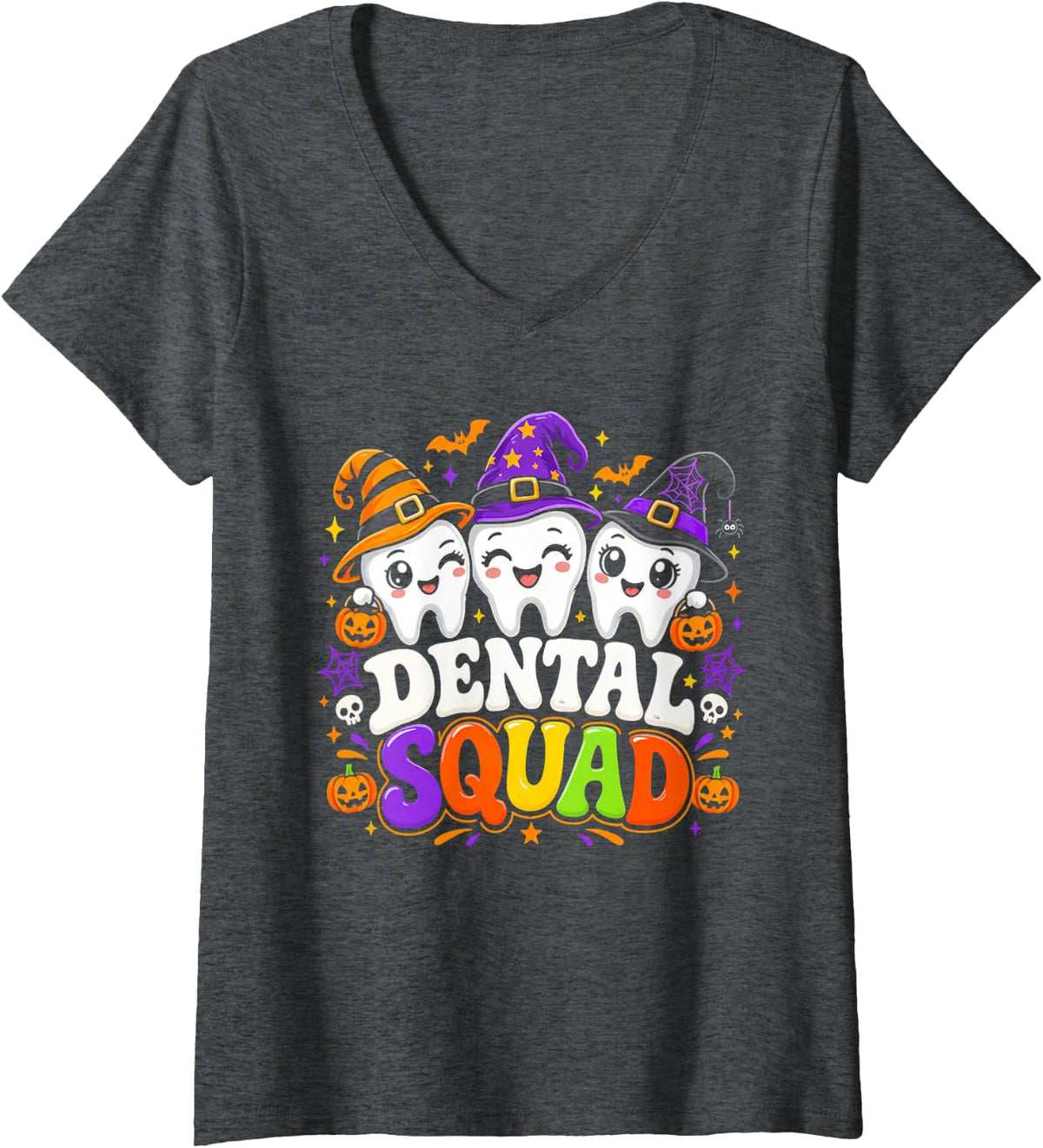 Women's Dental Squad Dentist Teeth Bootiful Boo Pumpkin Halloween V-Neck T-Shirt - Dark Heather Grey