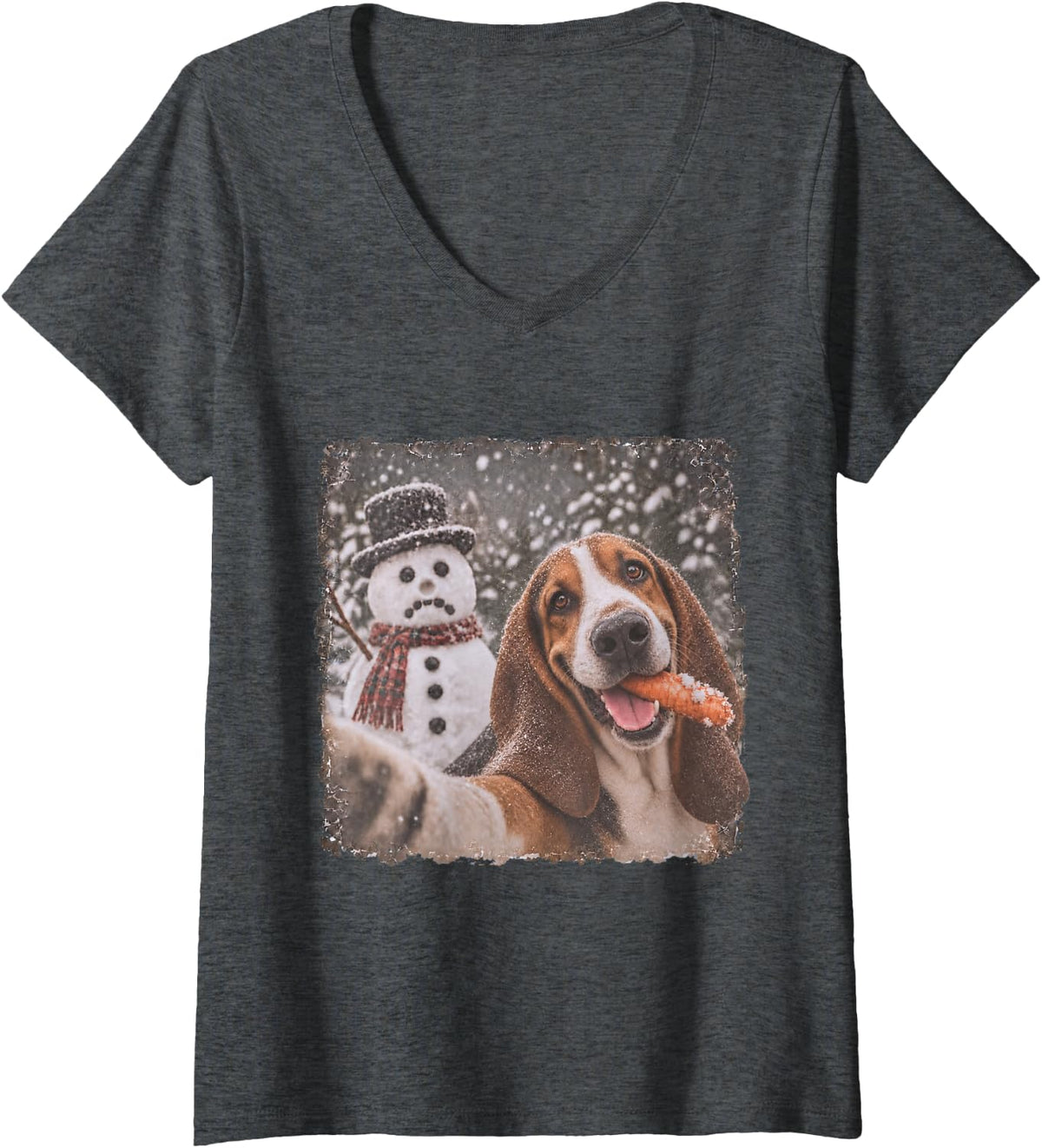 Women's Basset Hound Christmas Selfie Stole the Snowman’s Nose V-Neck T-Shirt - Dark Heather Grey