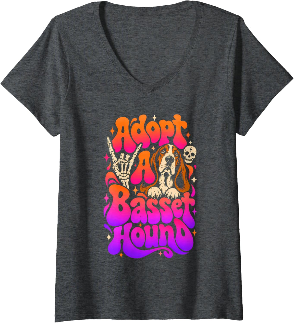 Women's Adopt A Basset Hound Dog Lover V-Neck T-Shirt - Dark Heather Grey